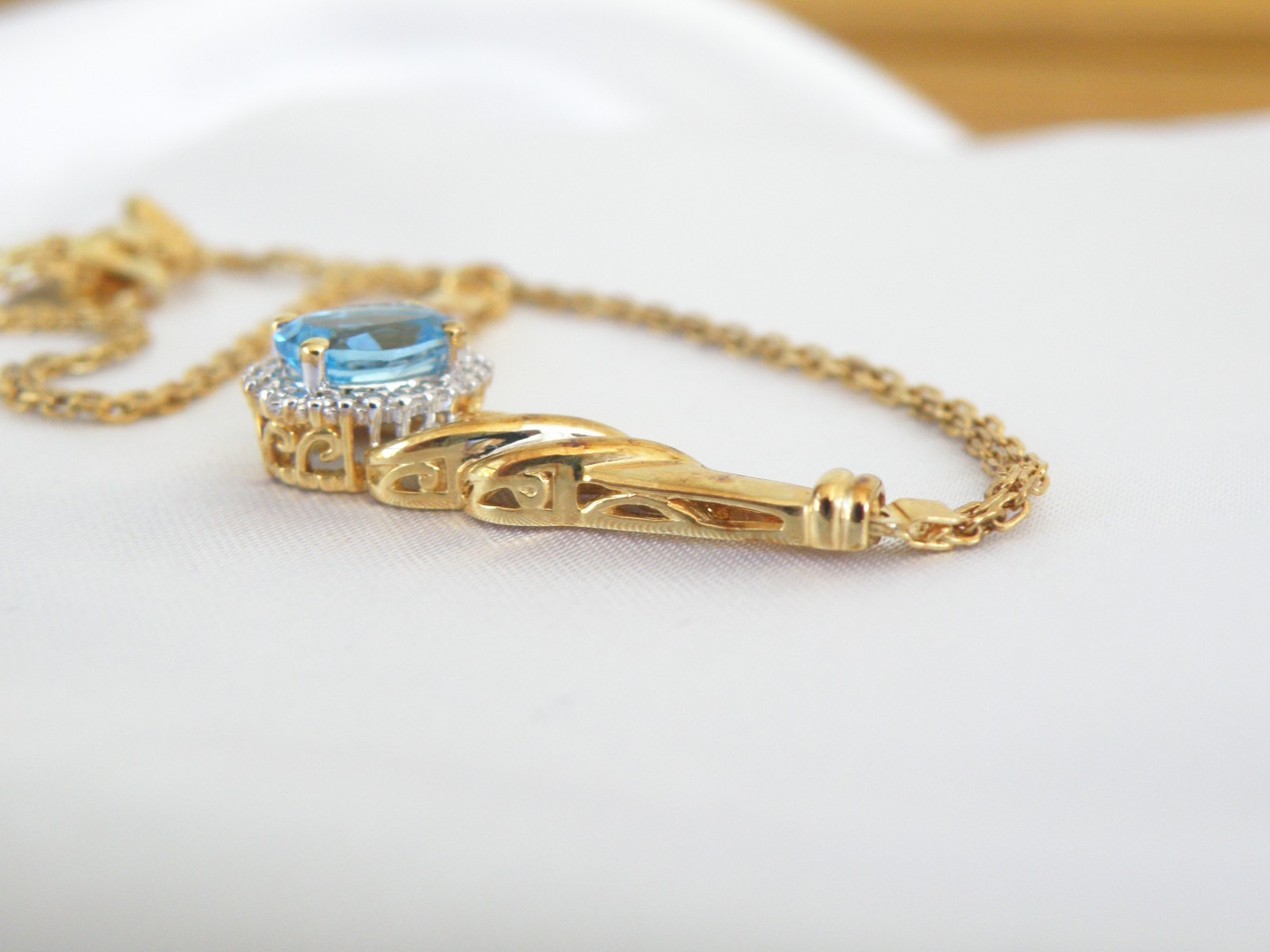 14K Gold on Sterling Silver 925 Natural Heated Blue Topaz Diamond Necklace 18″