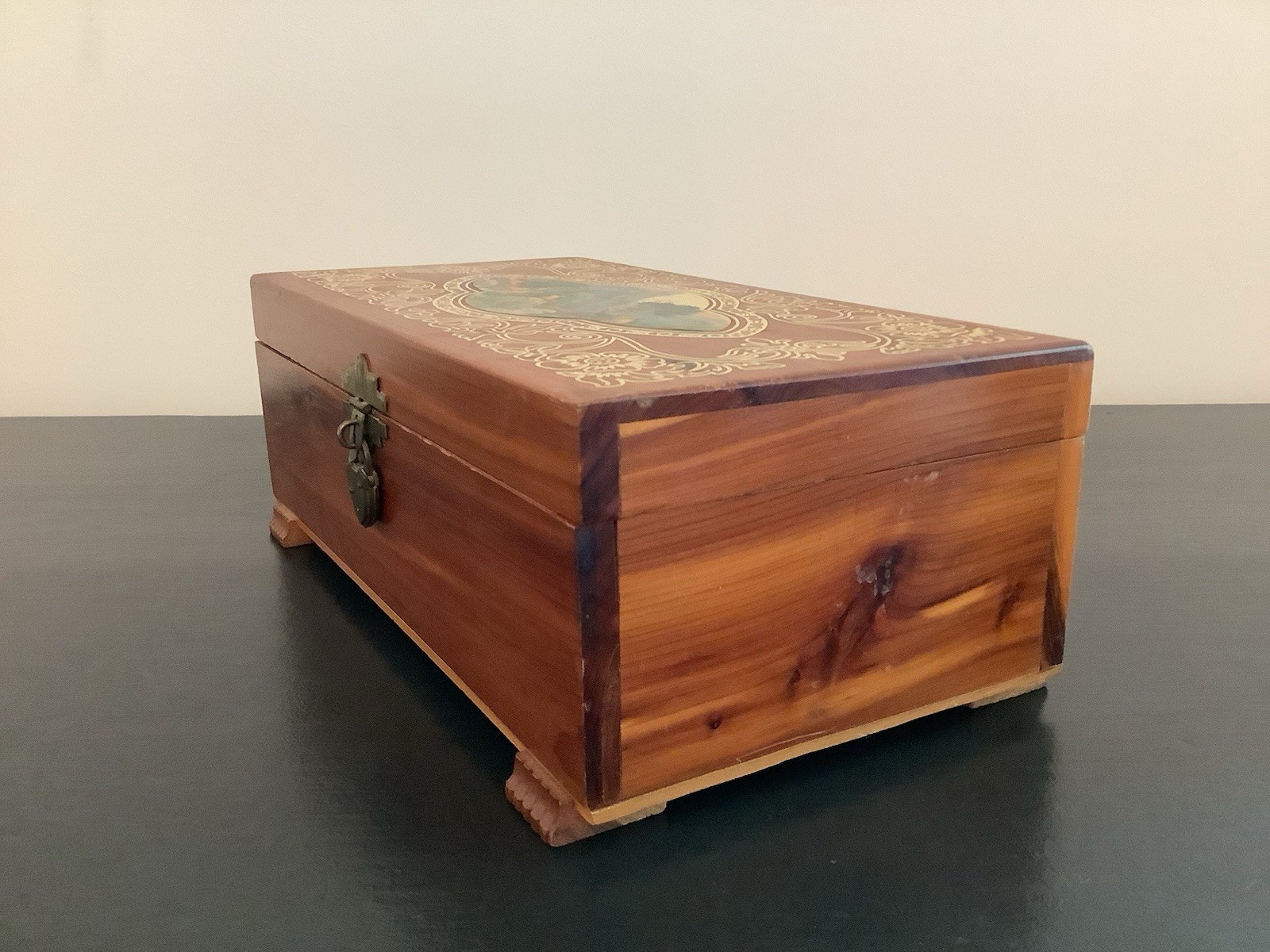 Vintage Cedar Wooden Keepsake Box Landscape Lid Rustic Jewelry Storage Cottage