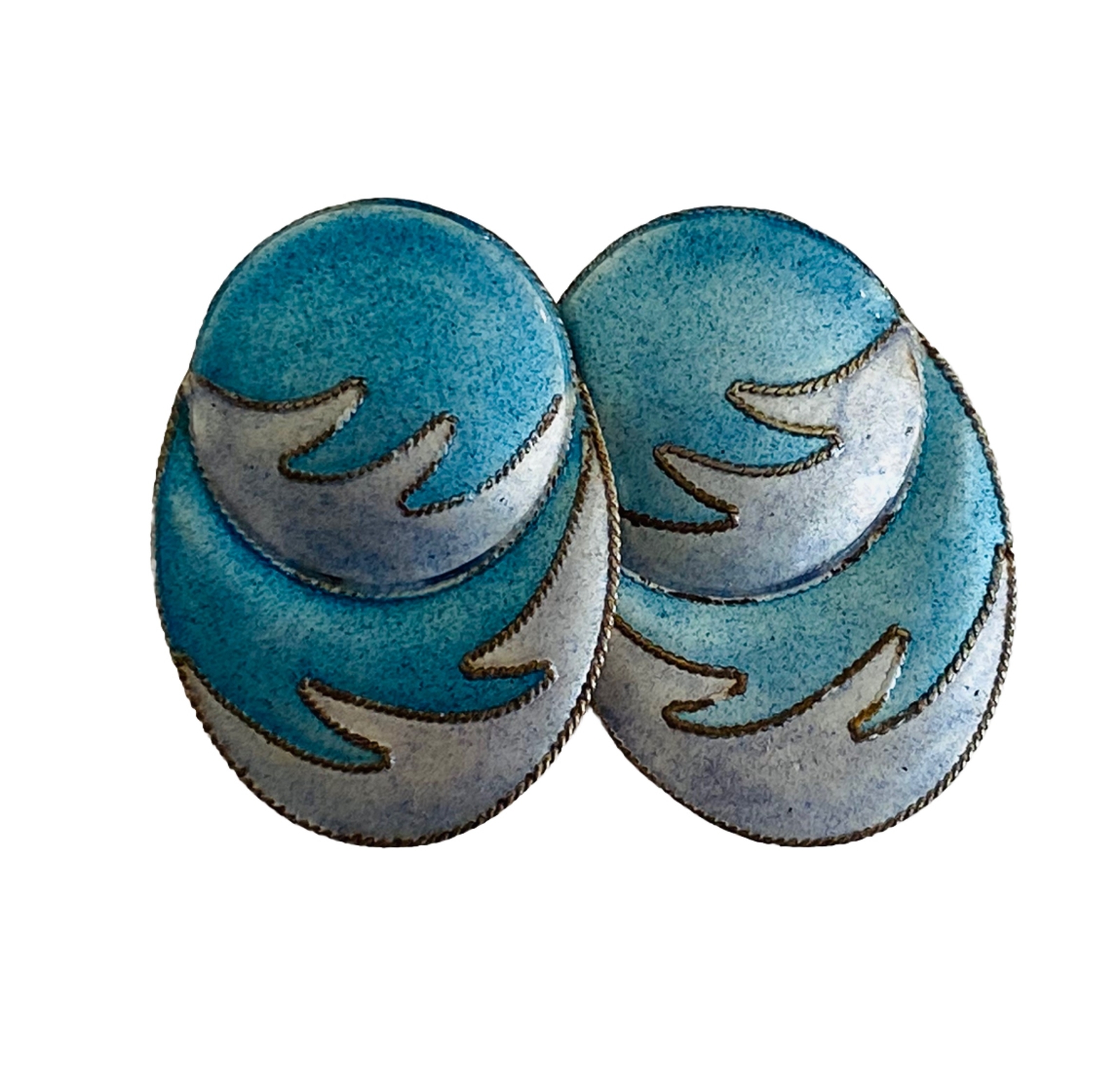 Vintage Chinese Export Gilt Sterling Silver Enamel Blue Waves Oval Earrings