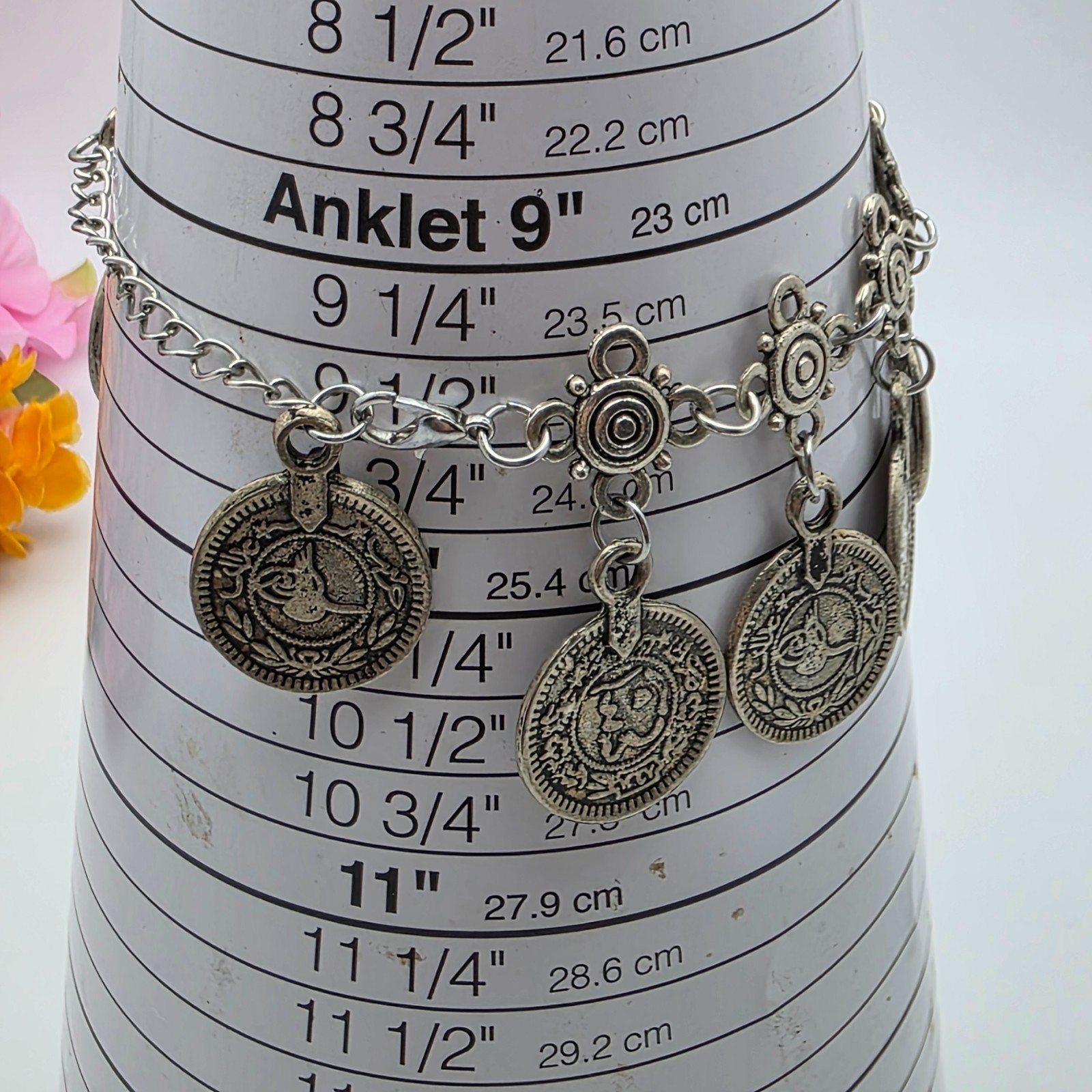 Boho Ottoman Style Coin Charm Bracelet Silver Tone Dangle 7 To 9.5 In Adjustable