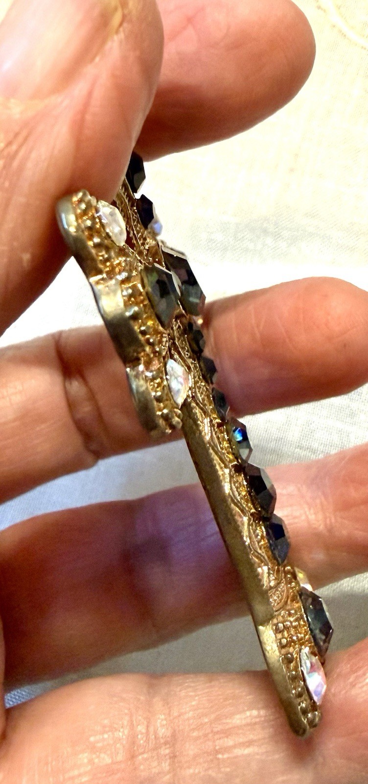 VTG.Large Gothic Cross Pendant Blue Gray Rhinestone Gold Tone Medieval Revival