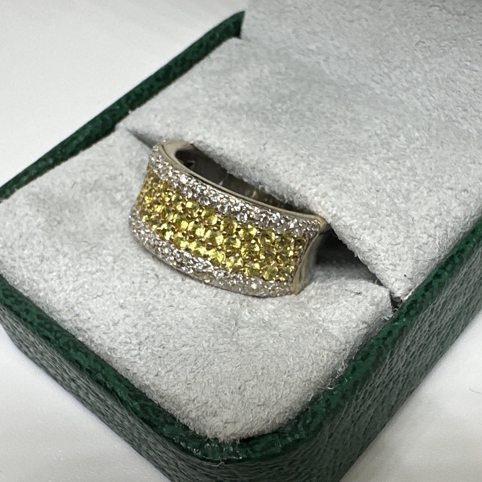 M 18k white gold diamond yellow sapphire wide band ring 10.6g designer 6.75 fine