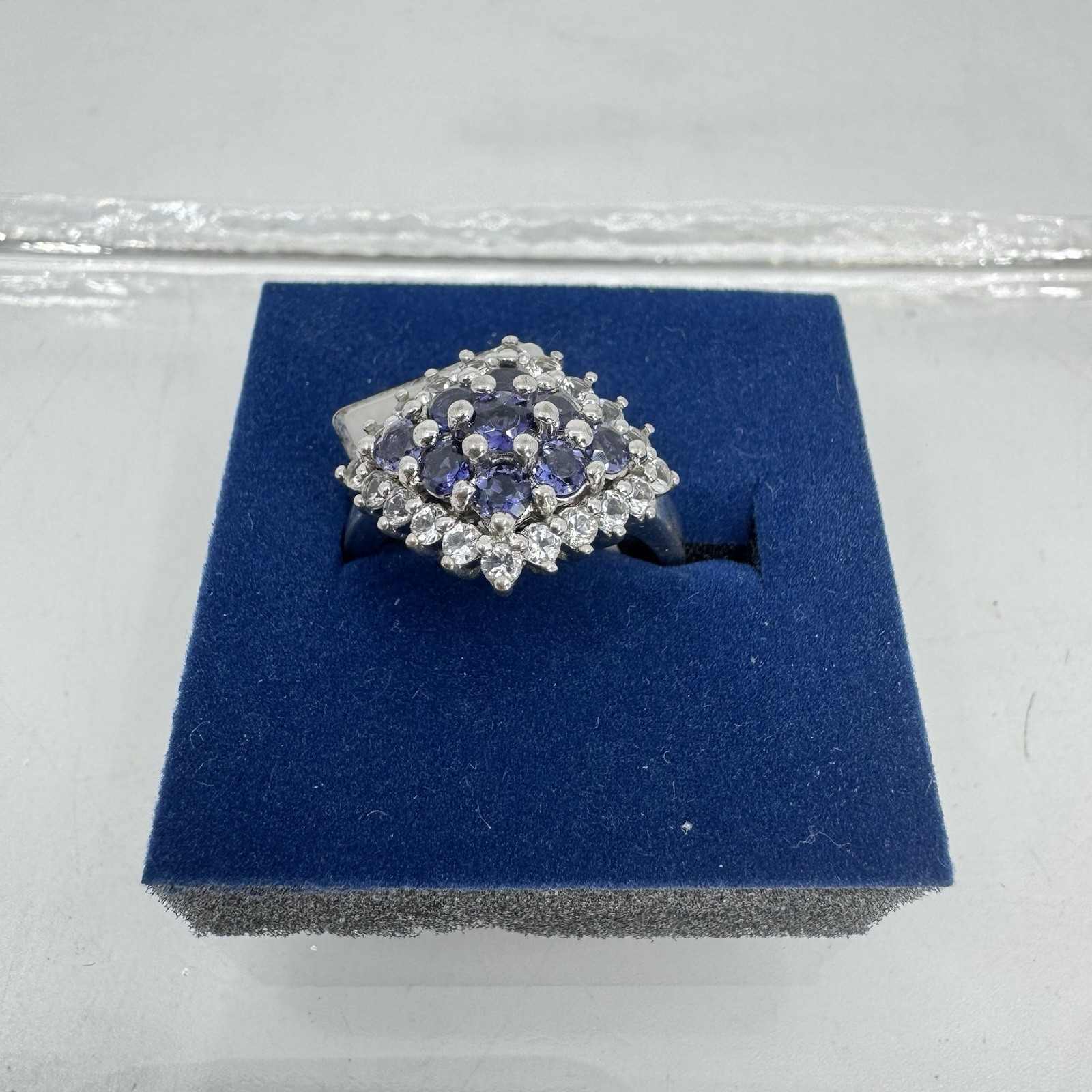 Sterling Silver 1.1ctw Iolite & 0.84tcw White Topaz Cluster Ring NOS W/ Box Sz 8