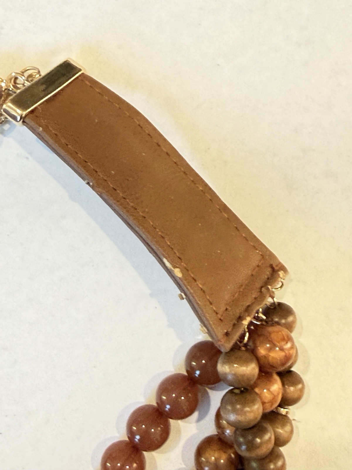 Multi-Strand Brown Beige Beaded Necklace Leather Accent Lobster Clasp Round