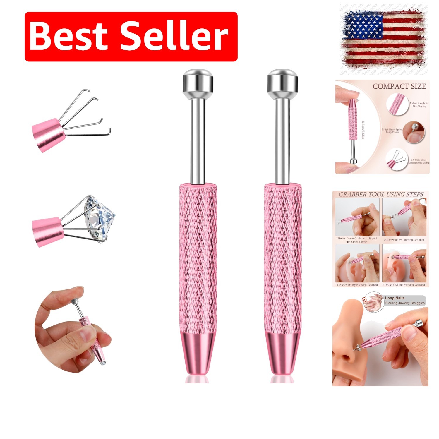 2Pcs Piercing Ball Grabber Tool for Changing Jewelry, Stianless Steel Flat Ba…