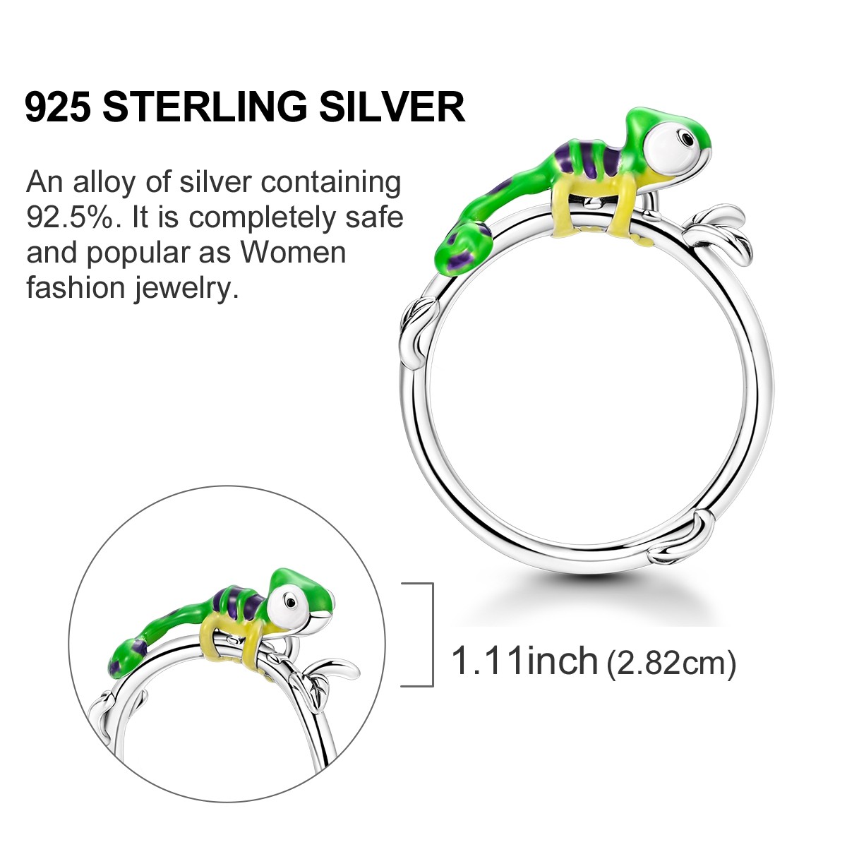 LAZA Original 925 Sterling Silver Finger Ring Enamel Chameleon for Women Jewelry