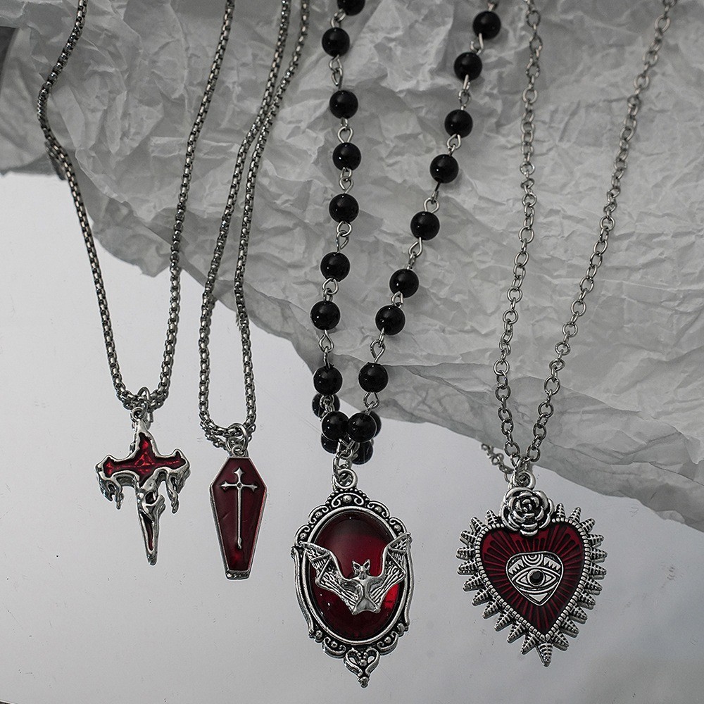 Stainless Steel Red Gothic Religious Cross Tombstone Heart Bat Pendant Necklace