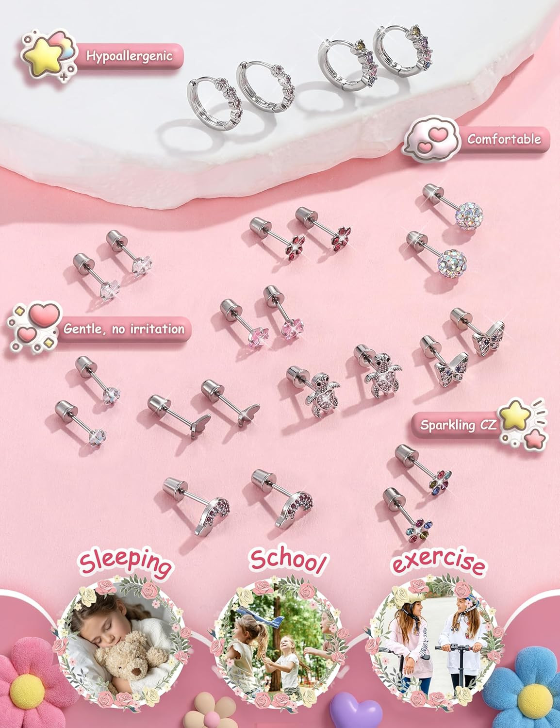 Hypoallergenic Surgical Stainless Steel Earrings for Girls Kids Women – 12 Pair