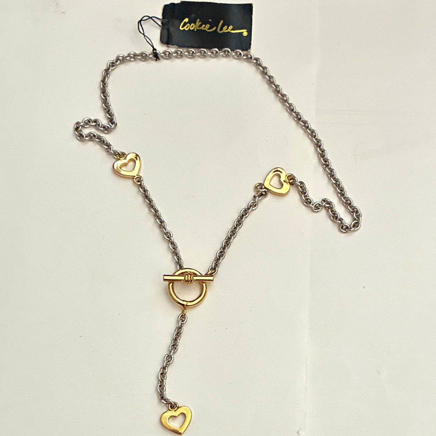 Cookie Lee Two-Tone Silver Gold Heart Charm Cable Chain
