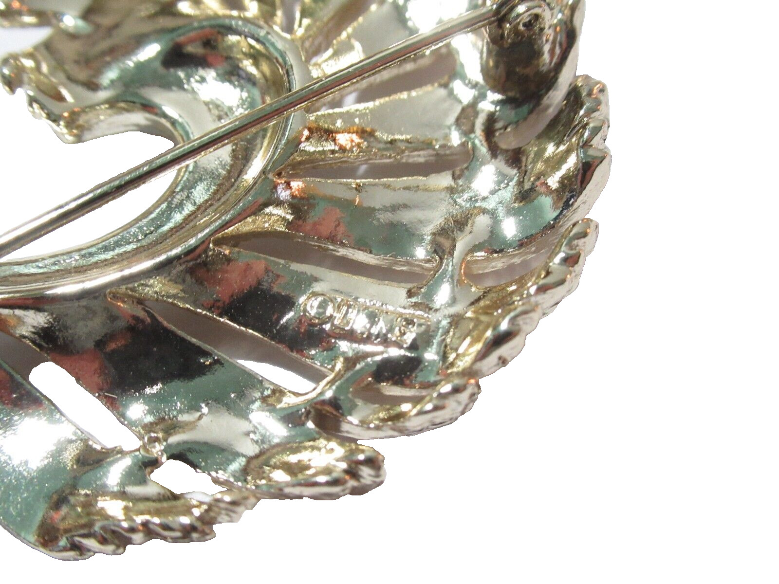 GOLD TONE FEATHER RHINESTONE BROOCH PIN SIGNED