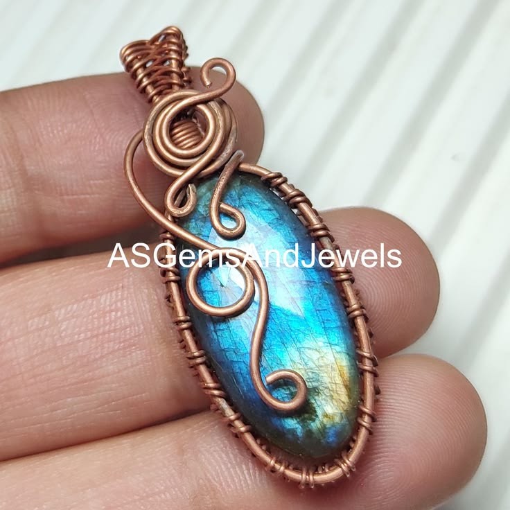 Wire Wrapped Labradorite Copper Pendant Necklace: Handmade Boho Jewelry 30×60 mm