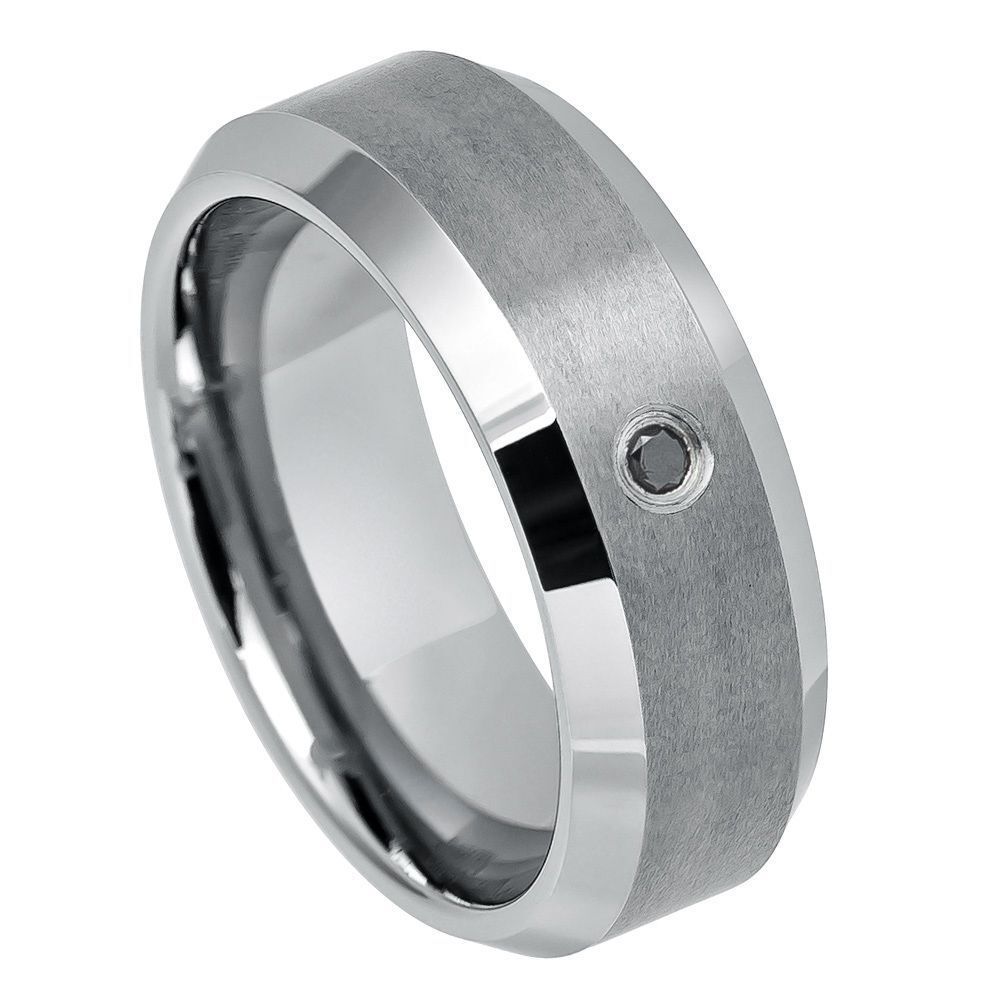 Tungsten Ring Unisex Brush Center High Polish Bevel Edge with 2.3m Black Diamond