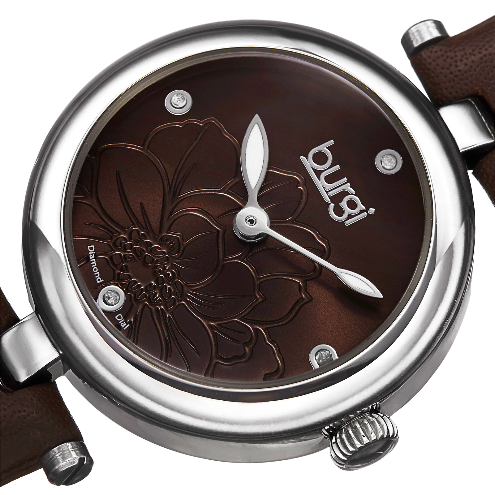 New Women’s Burgi BUR128BR Diamond Markers Brown Etched Flower Dial Strap Watch