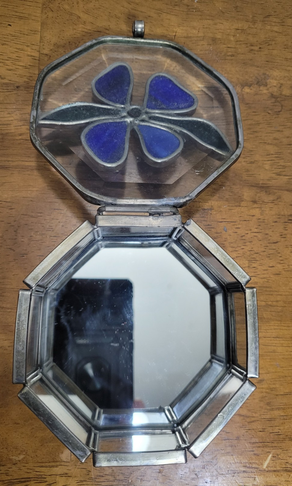 Octagon Stained Glass Trinket Jewelry Box Mirrored Bottom Hinged Top Flower