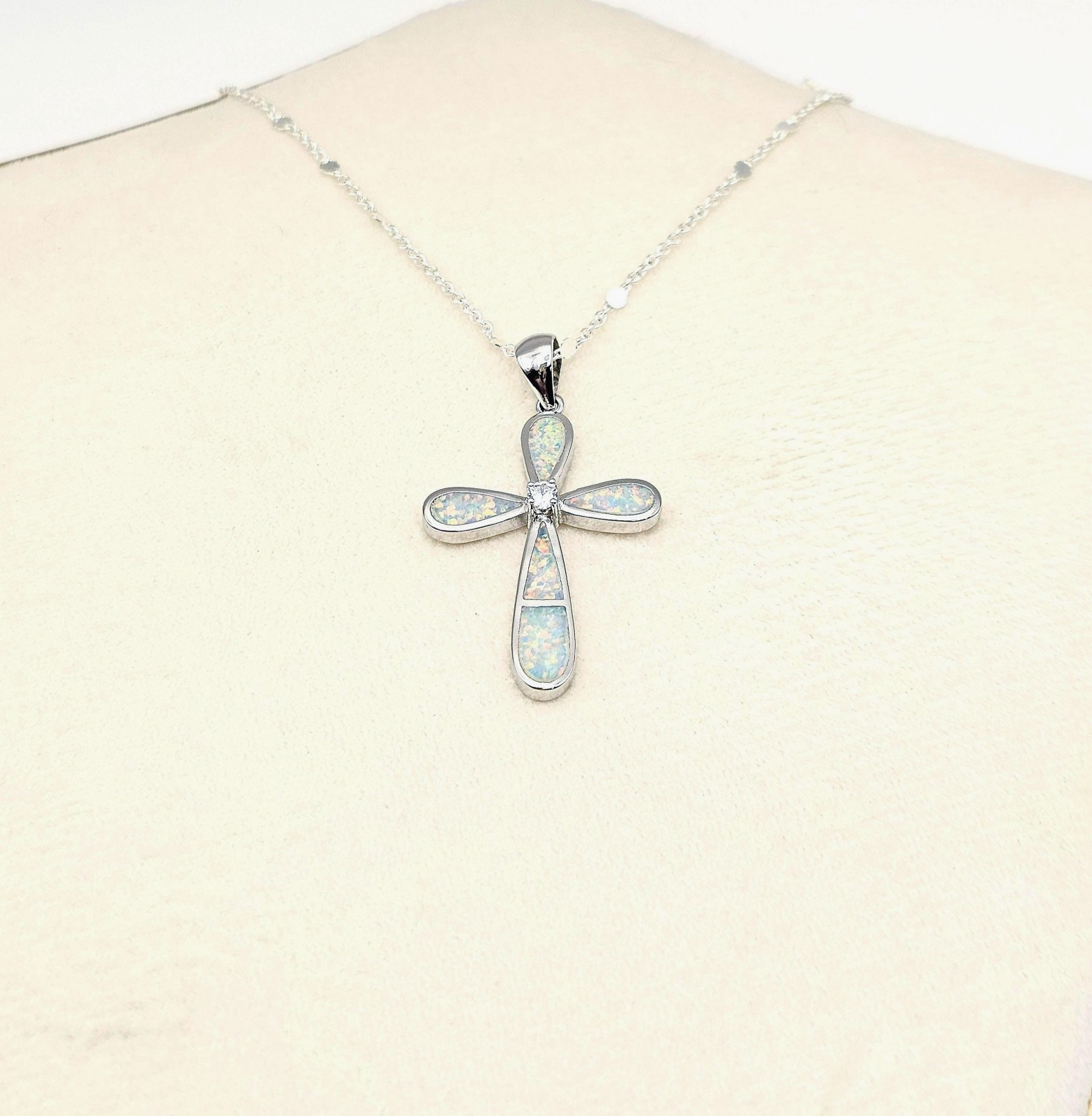 Silver Opal Cross Pendant – Adjustable Necklace – Christian Gift for Her