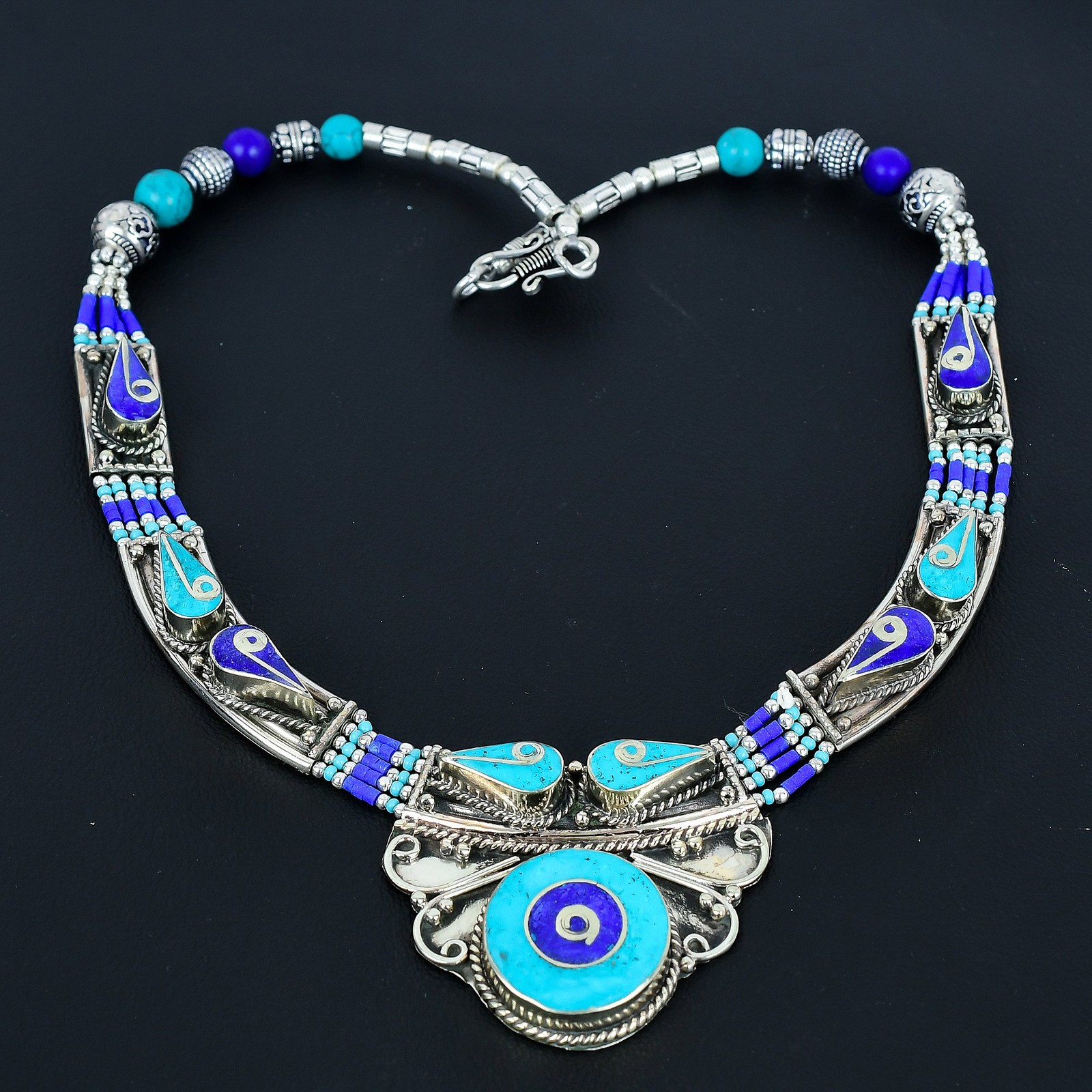 Lapis Lazuli Turquoise Ethnic 925 Sterling Silver Tibetan Nepali Necklace 18″ q6