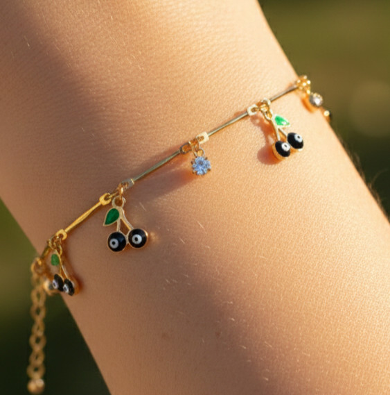 Chic Gold Color Plated Bracelet Vibrant Cherry Charm Boho Chain Jewelry