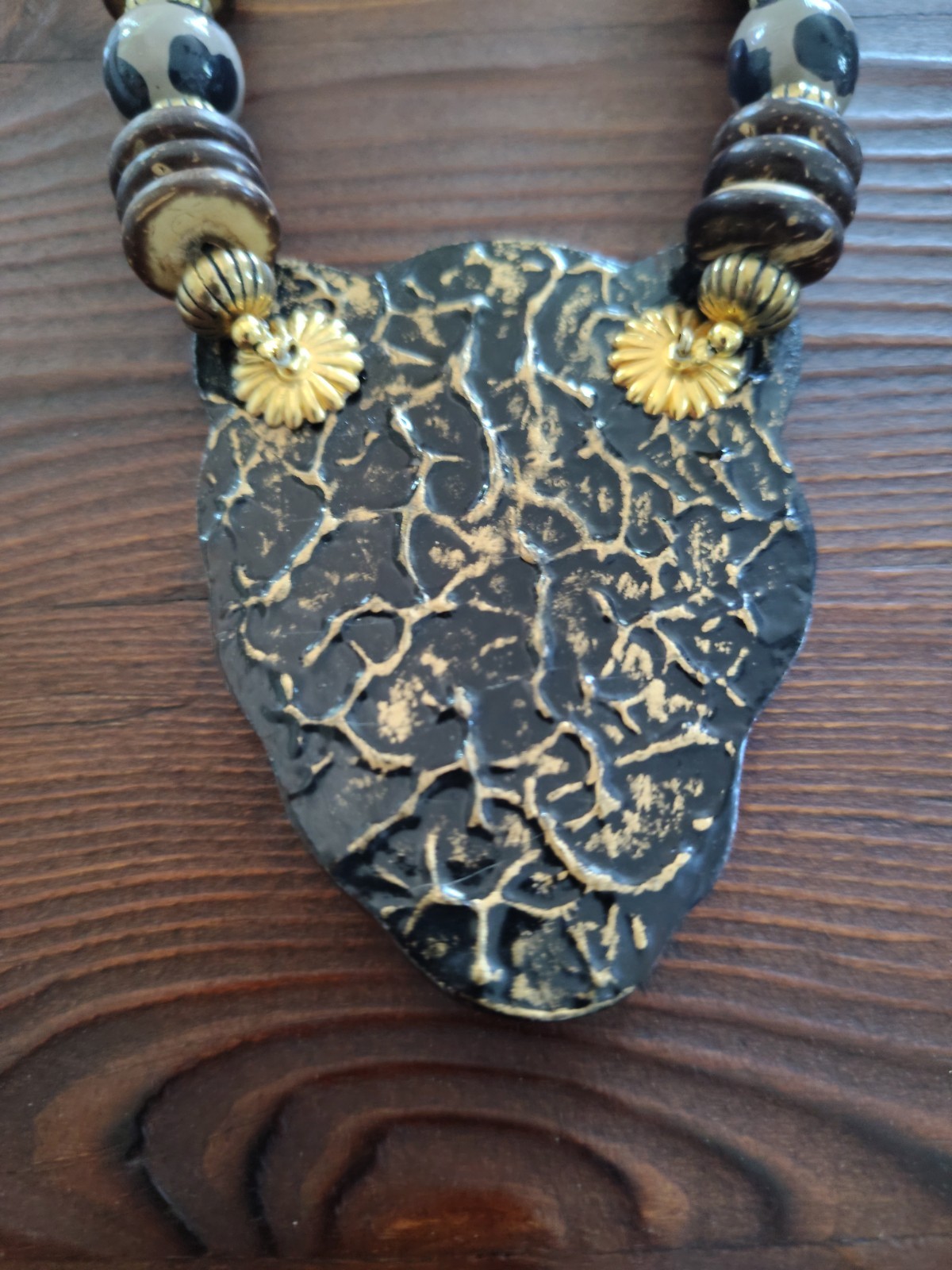 Vintage Hand Painted Leopard Wood – Metal Statement Necklace- Lee Sands