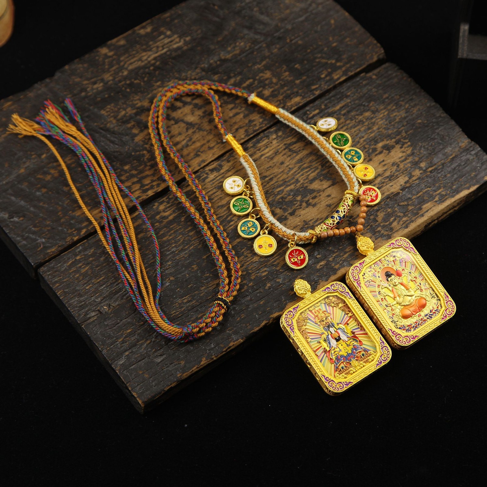 Tibetan Thangka Painted Book Life Double-sided Buddha Card Necklace Amulet Gift