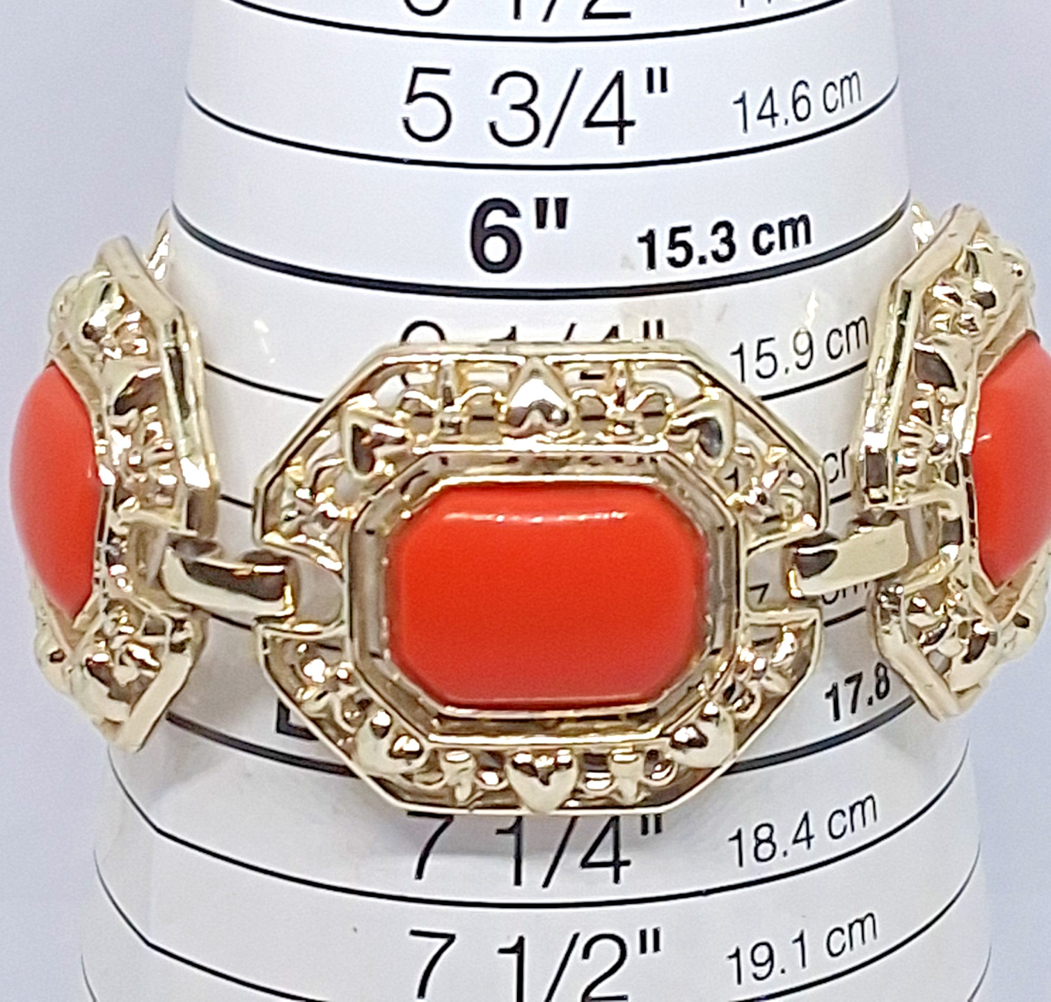 Gold tone Orange and White Reversable Cabochon tab clasp Bracelet Size 6.5 Inch