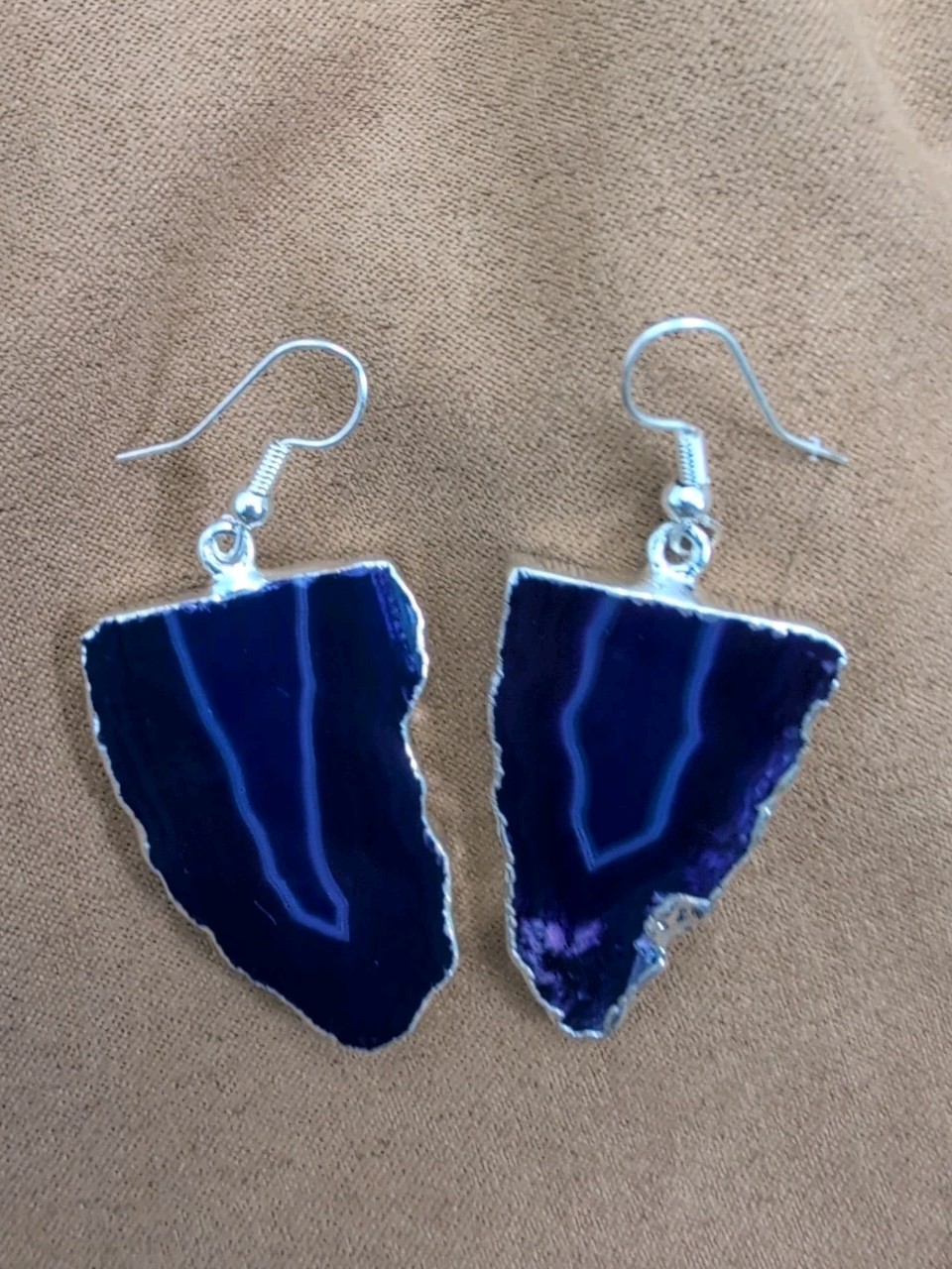 Natural Purple Agate Geode Slices Hook Earrings With Silver Plated Edge Brazil