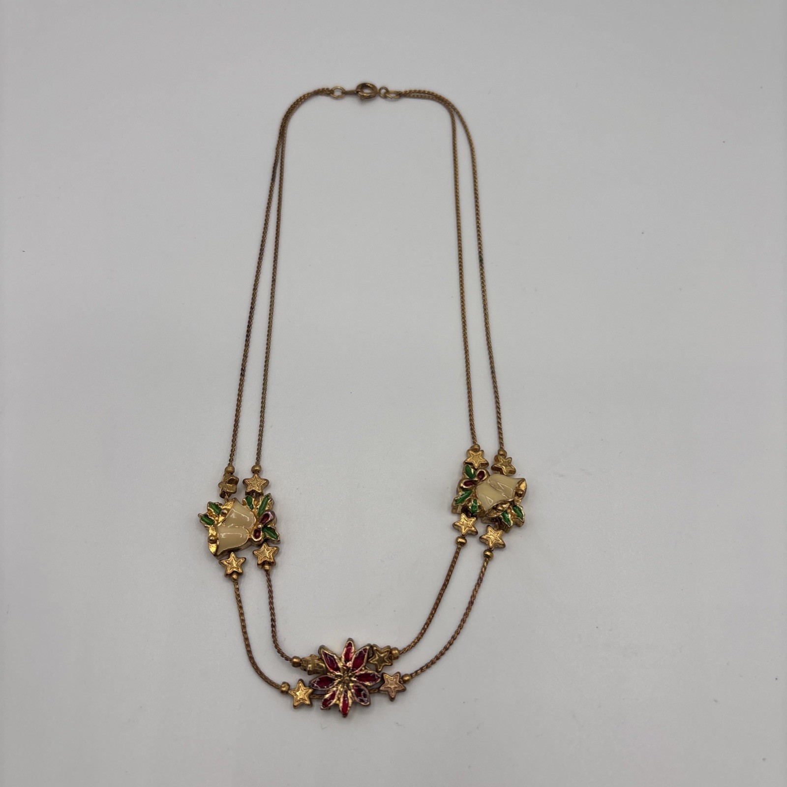 Vintage Enamel Pendants Double Chain Gold Toned Necklace Christmas Bells