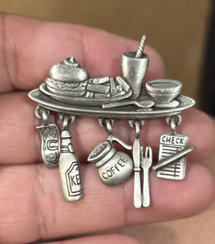 Vintage Signed JJ Restaurant Food Coffee Check Charm Pin Brooch Pewter