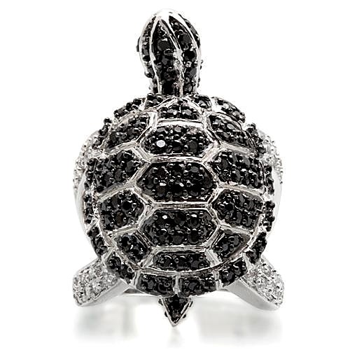 Women’s Turtle Cocktail Ring, Jet CZ, Rhodium & Ruthenium Plated, Brass
