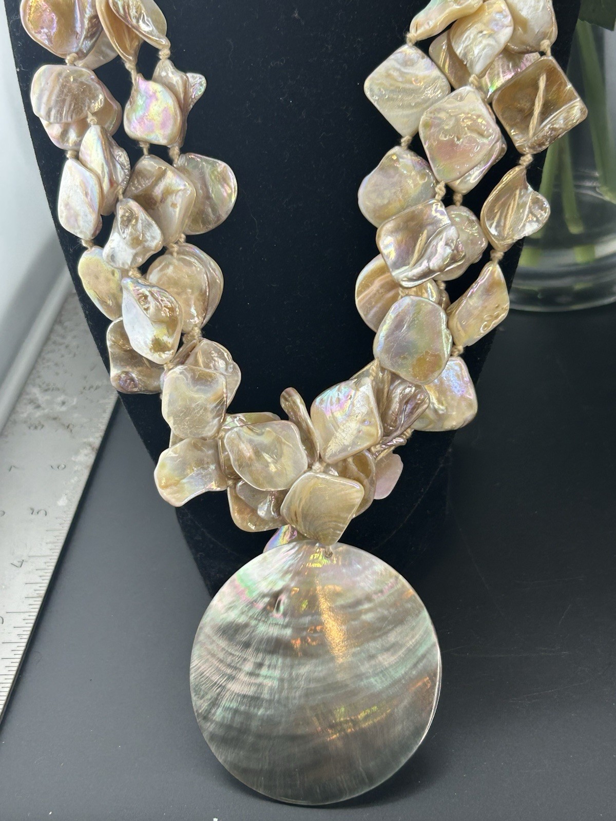 Gardenia Mother of Pearl Shell Statement Necklace Iridescent Boho Coastal Chic