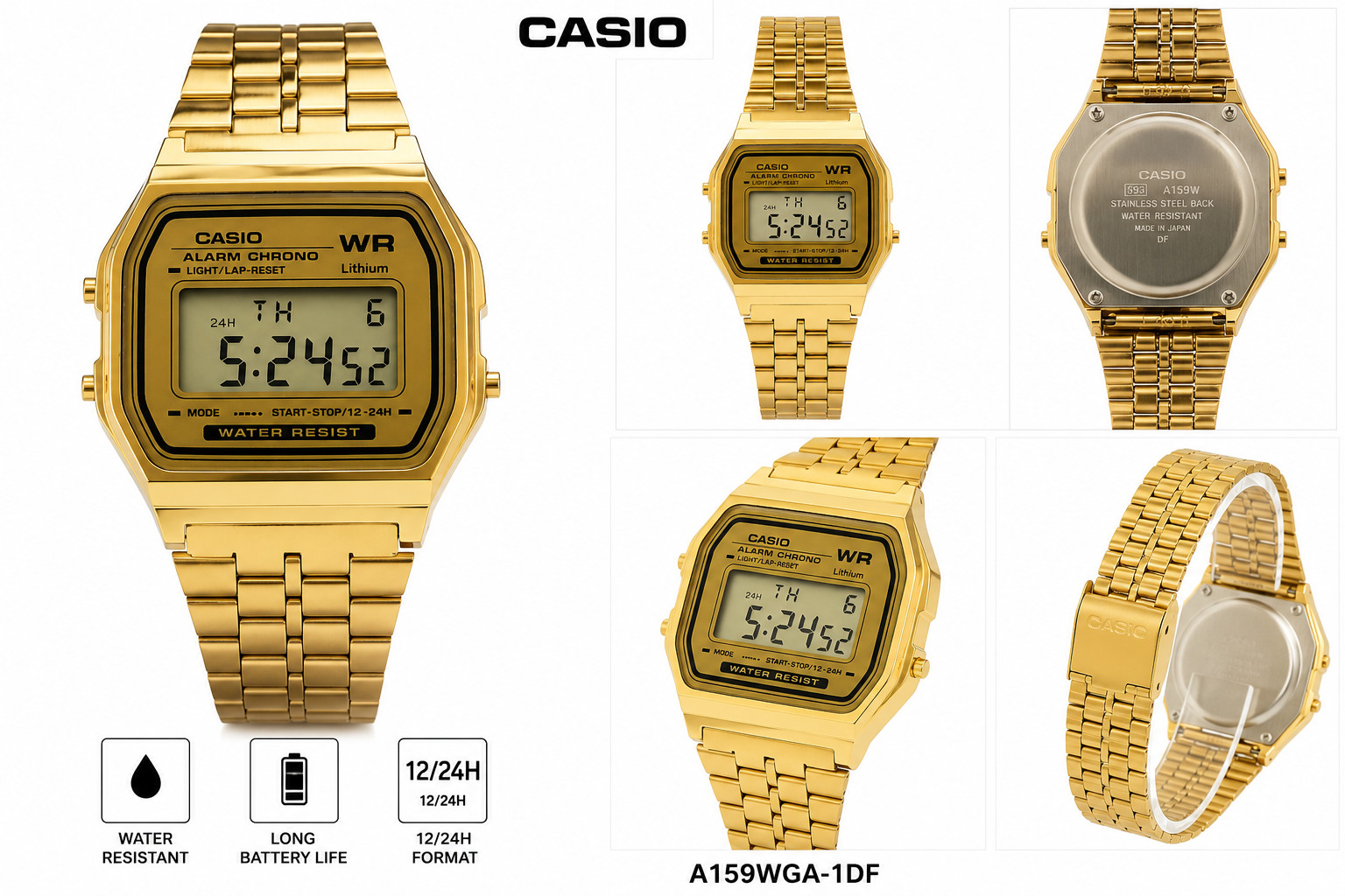 New Casio A159W Digital Classic Retro Stainless Steel Gold Watch UK SELLER