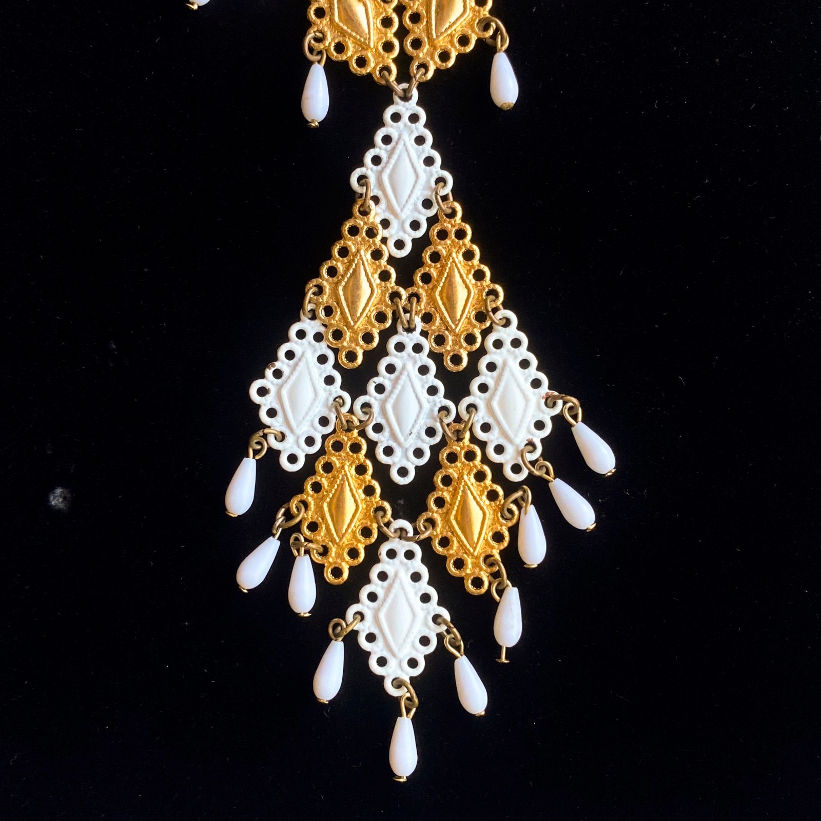 Vintage 60s 70s gold white pendant necklace filigree statement mid century mcm
