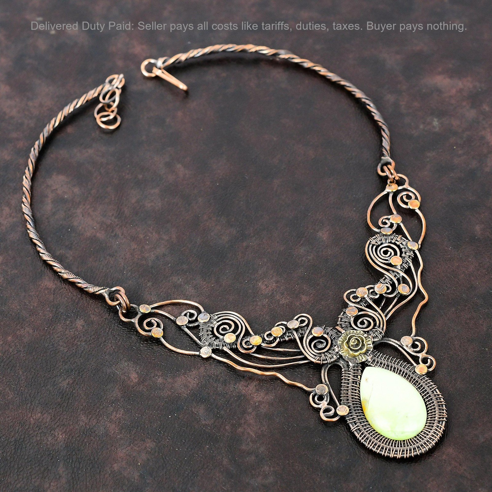 Copper Lemon Chrysoprase Gemstone Chain Wire Wrapped Flower New Necklace Jewelry