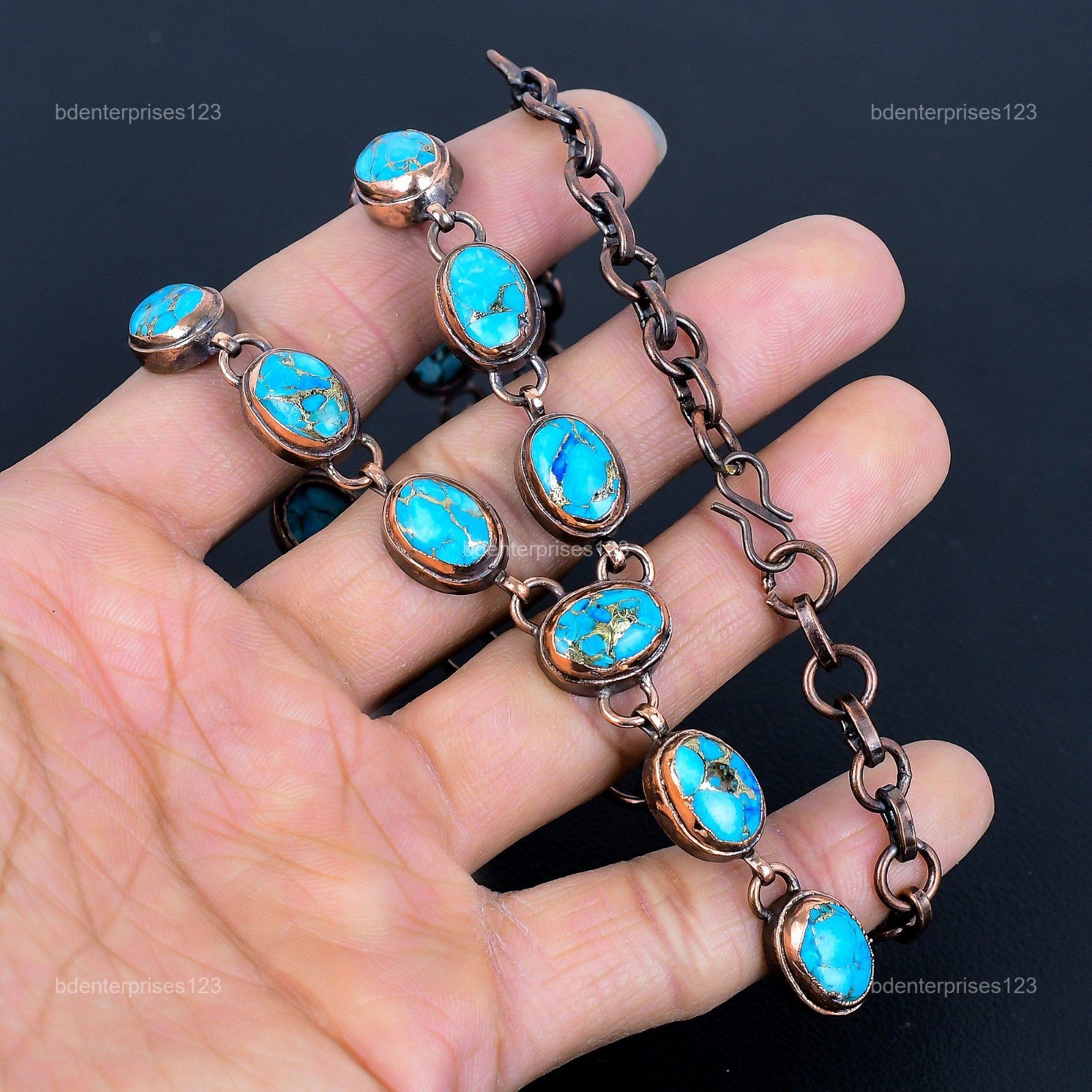 Oval Copper Blue Turquoise Gemstone Copper Chain Electroformed Necklace Jewelry