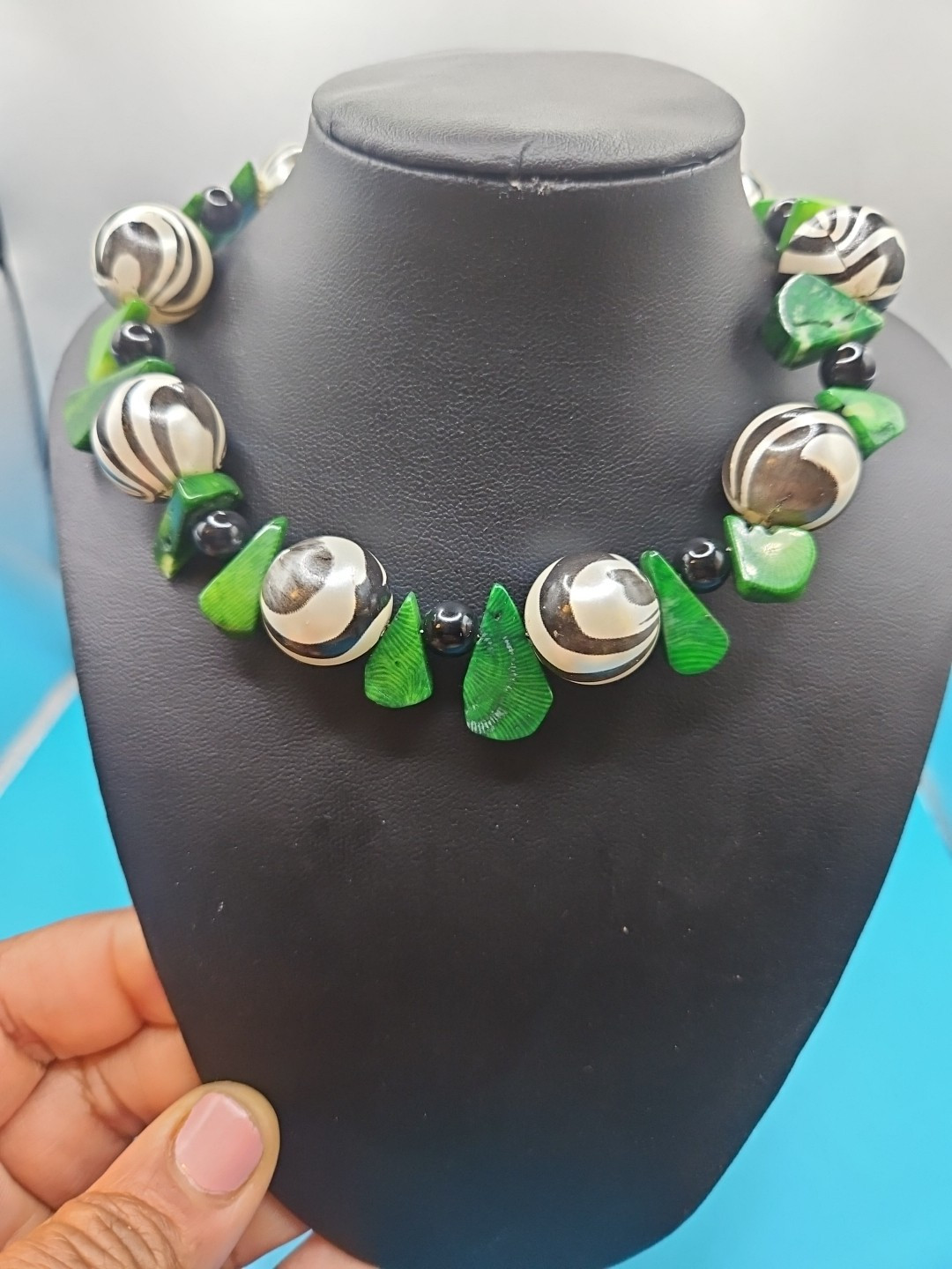 Green Bamboo Coral and Zebra Bead Wire Wrap Choker Necklace Bracelet