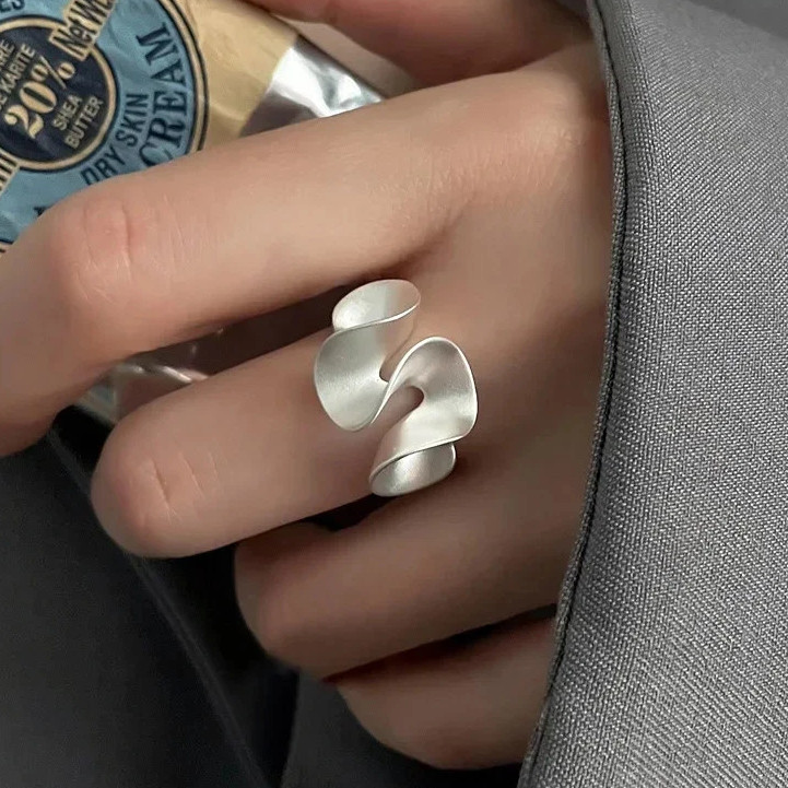 925 Sterling Silver Wave Flower Ring Women Open Minimalist Plant Classic Jewelry