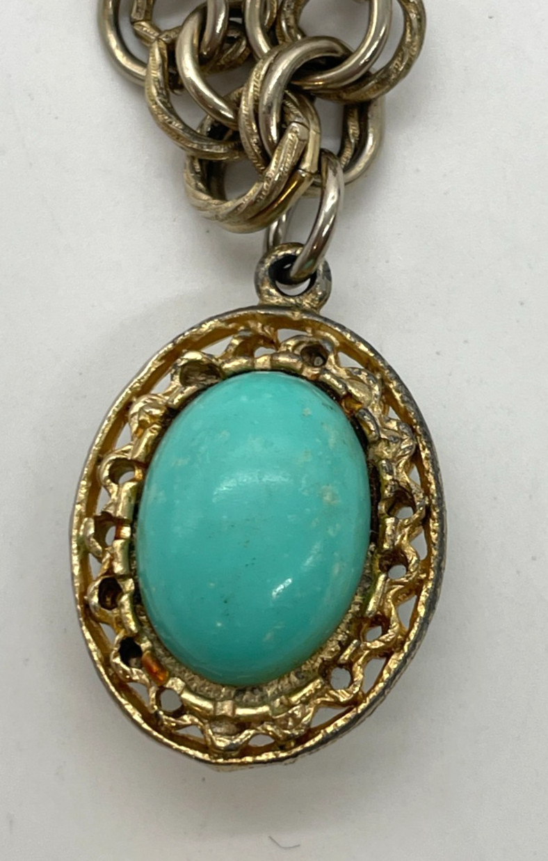 VTG Etruscan Style Faux Pearl Turquoise Gold-tone chunky charm fob bracelet 7″