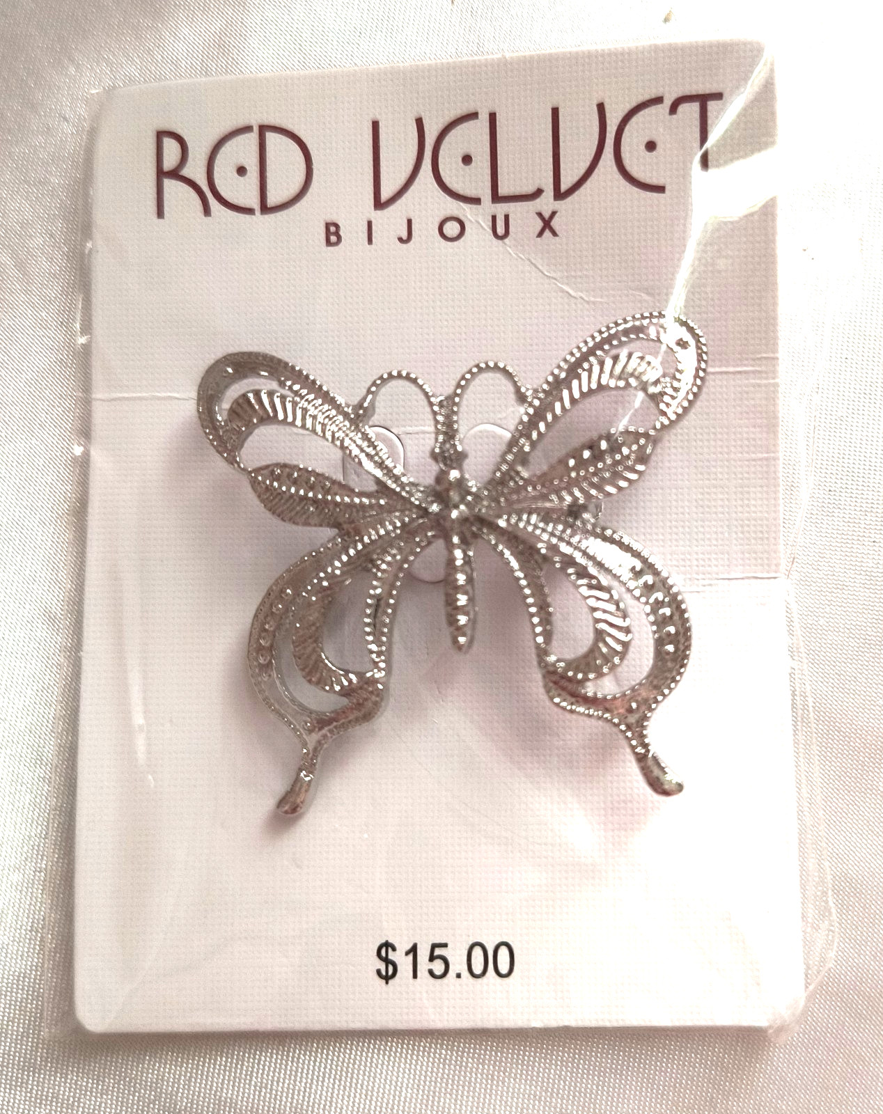 NEW Red Velt by Bijoux Women’s Jewelry Brooch Silvertone Butterfly 1.25″ x 1.25″