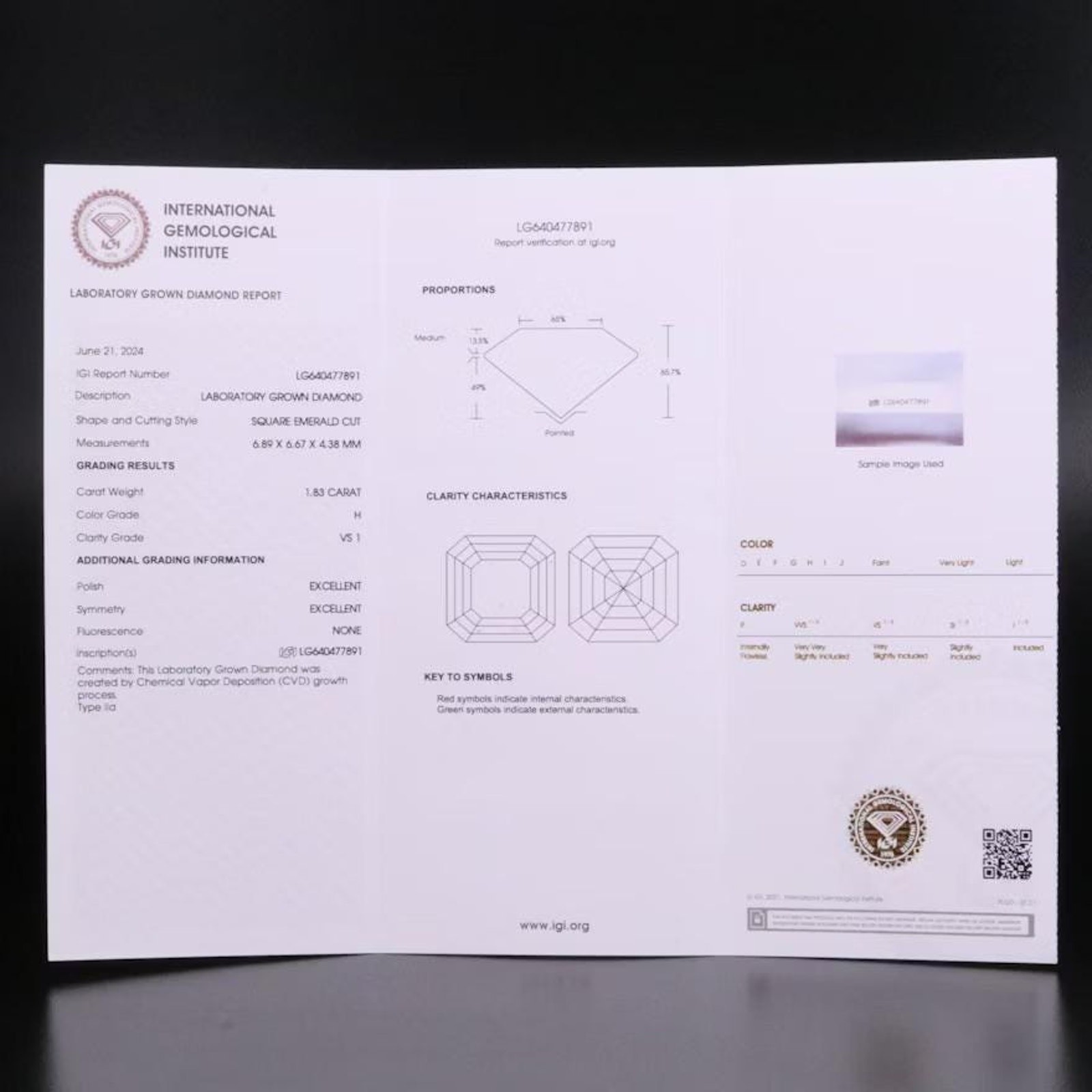 IGI 1.83ct Lab-Created Diamond Square Emerald Cut H VS1 Excellent