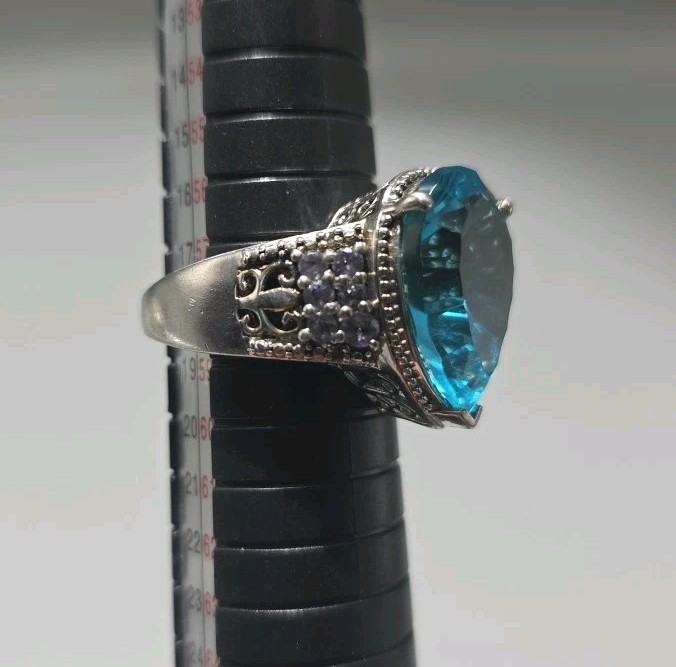 Vintage 925 Sterling Silver Statement Ring w/ Large Blue Topaz Sz 9 Cocktail