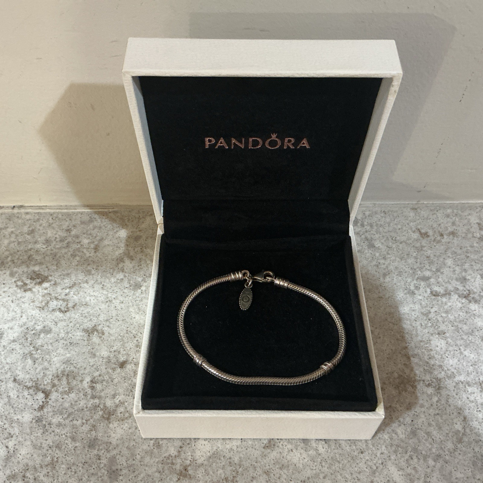 PANDORA Silver Charm Rope Bracelet 7” with Lobster Clasp With Box