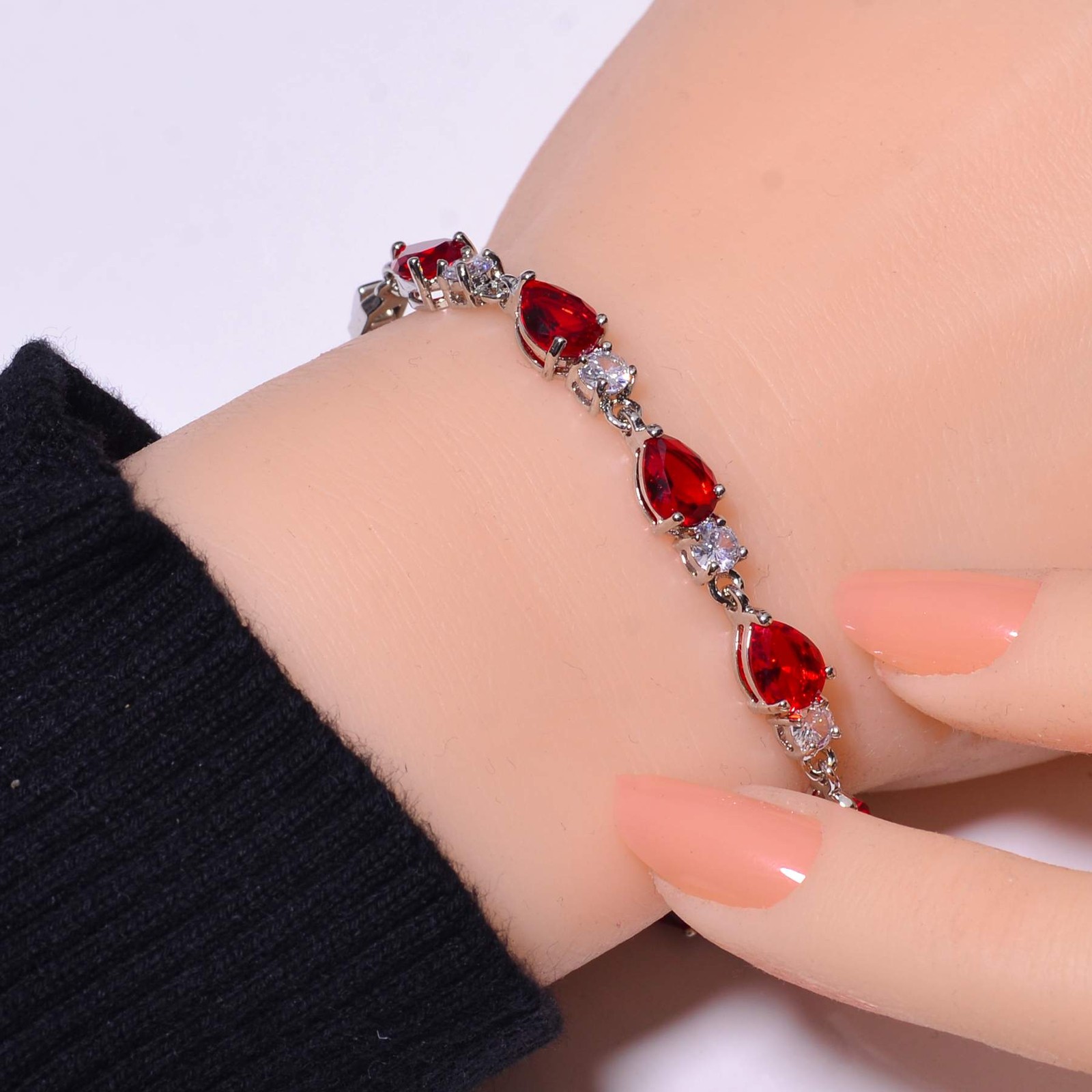 Red Garnet & Cubic Zirconia 925 Sterling Silver Tennis Bracelet 7.99″ B13