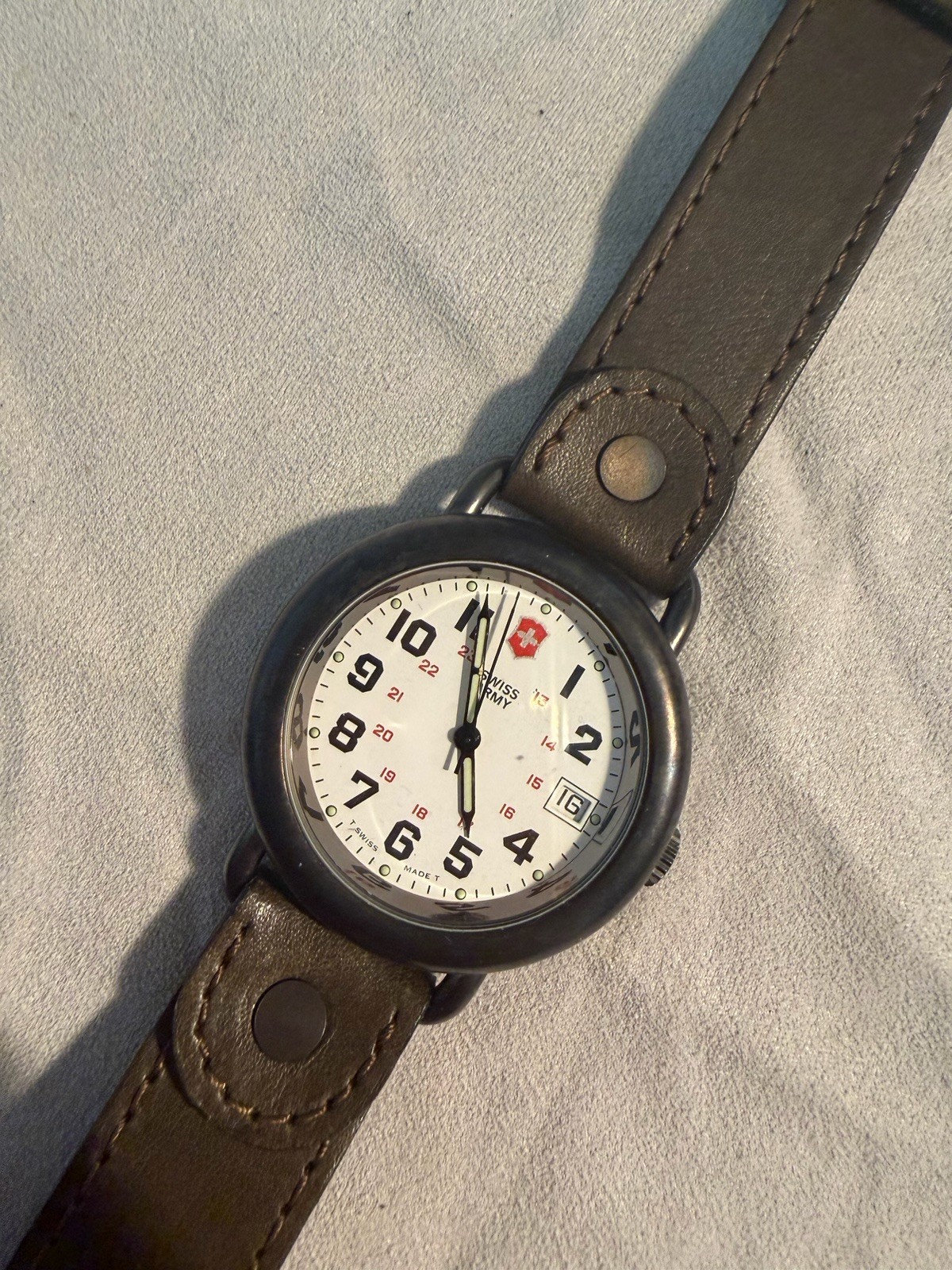 Swiss Army Quartz Analog Date 30m White Dial Black Case Brown Leather Strap