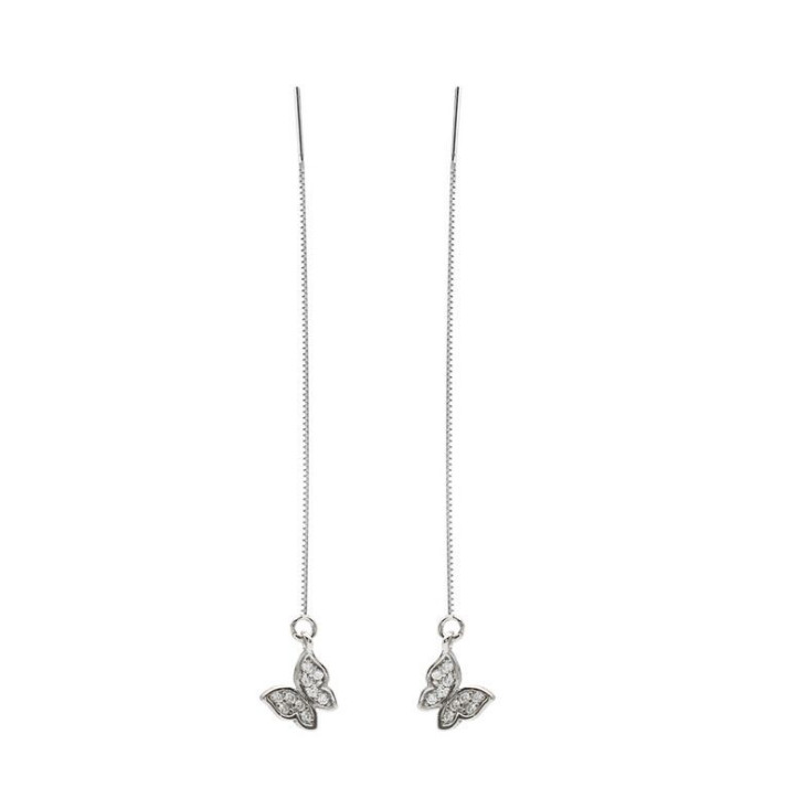 S925 Sterling Silver Butterfly CZ Dangle Pull Through Threader Earrings Box PE48