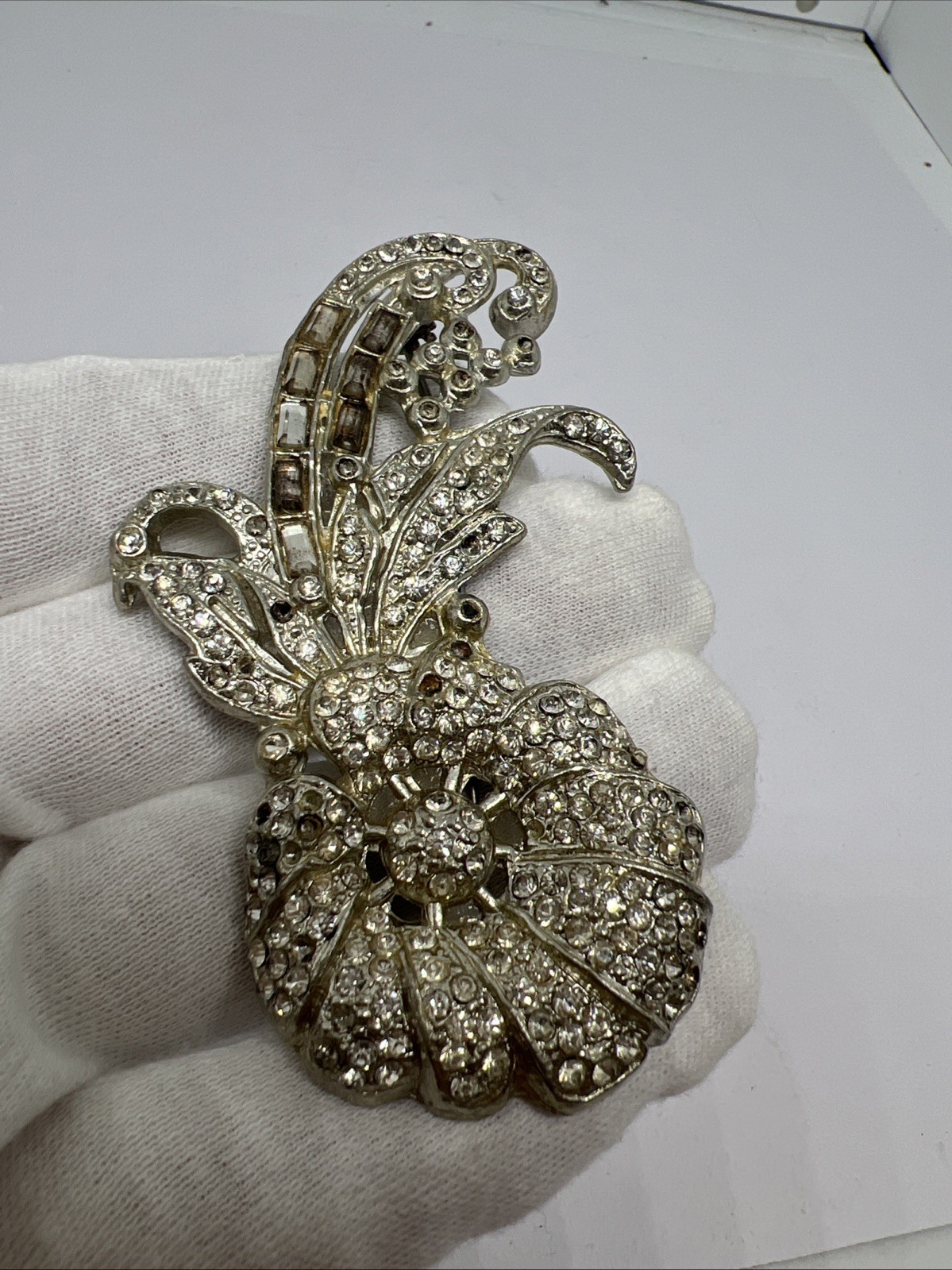 Art Deco Pave Set Clear Rhinestone Flower Brooch 3 1/4 in. Vintage Antique 1920s