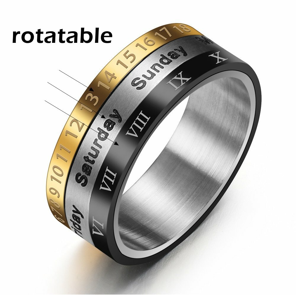 MENDEL Black Gold Plated Stainless Steel Rotatable Calendar Time Ring Size 7-11