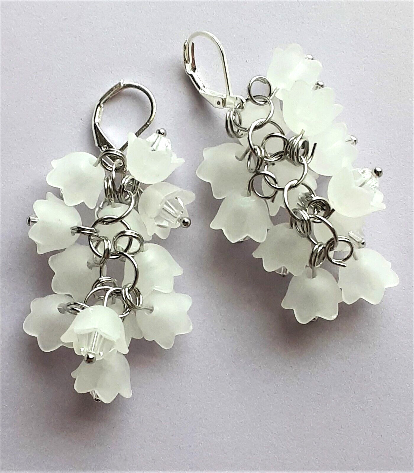 WHITE FLOWER CLUSTER Long Dangle wedding mothers day earring SP LEVER BACK