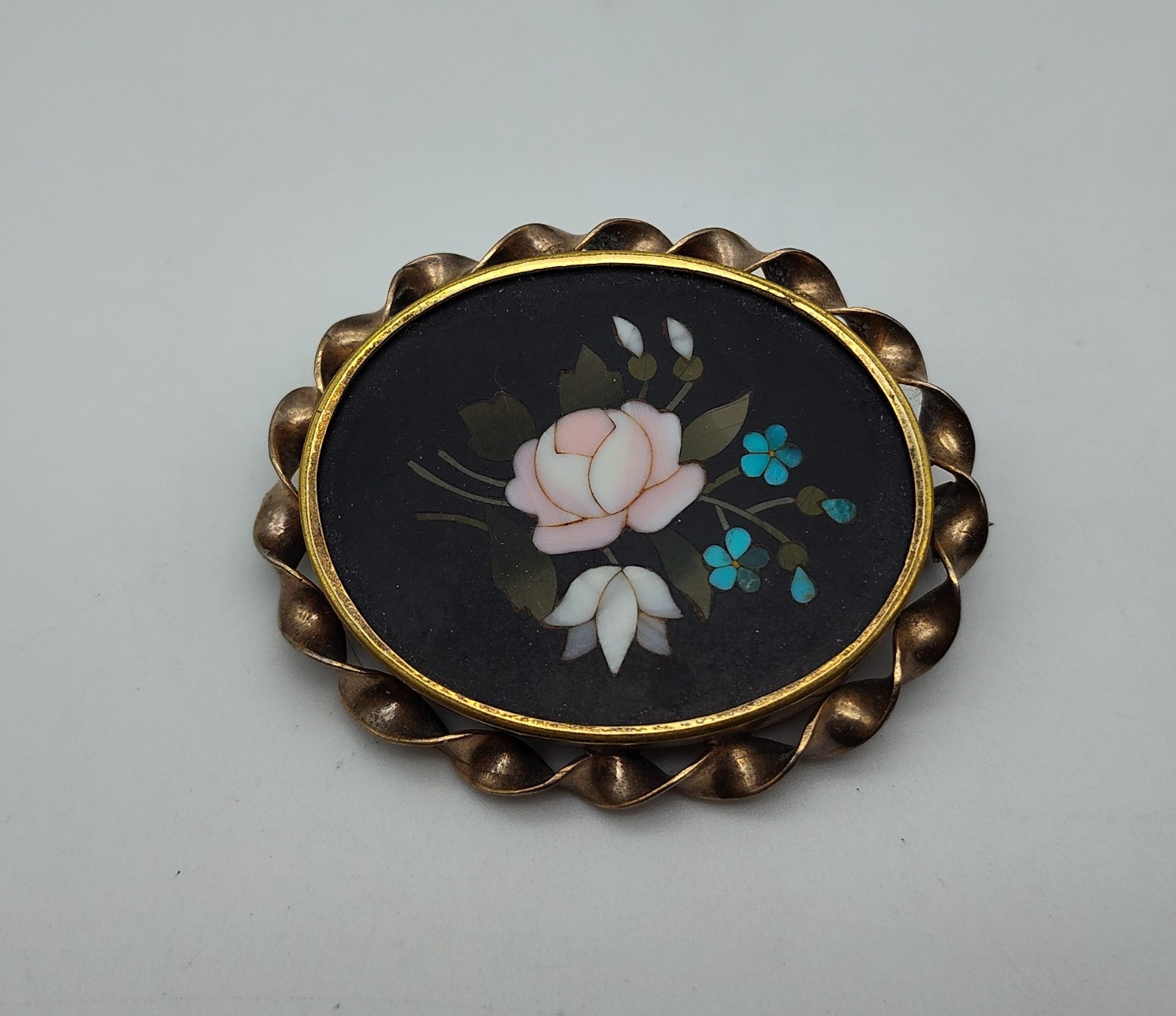 Antique Flower Pietra Dura Stone Black Pink Blue Green Gold Tone Brooch Pin