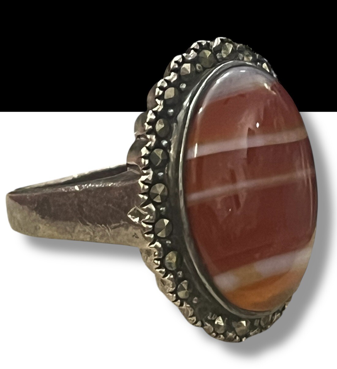 Vintage Red Banded AGATE and Marcasite Sterling 925 Ring Size 7