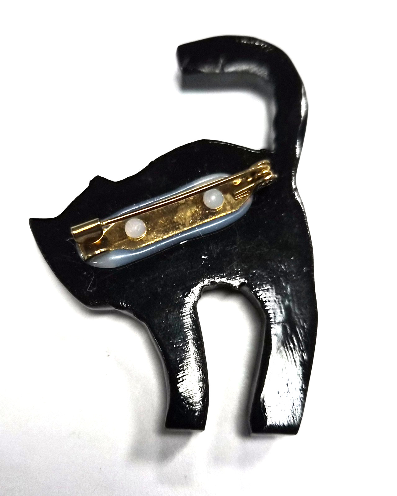 Vintage 80’s Halloween Folk Art Carved Whimsical Black Scaredy Cat Pin / Brooch