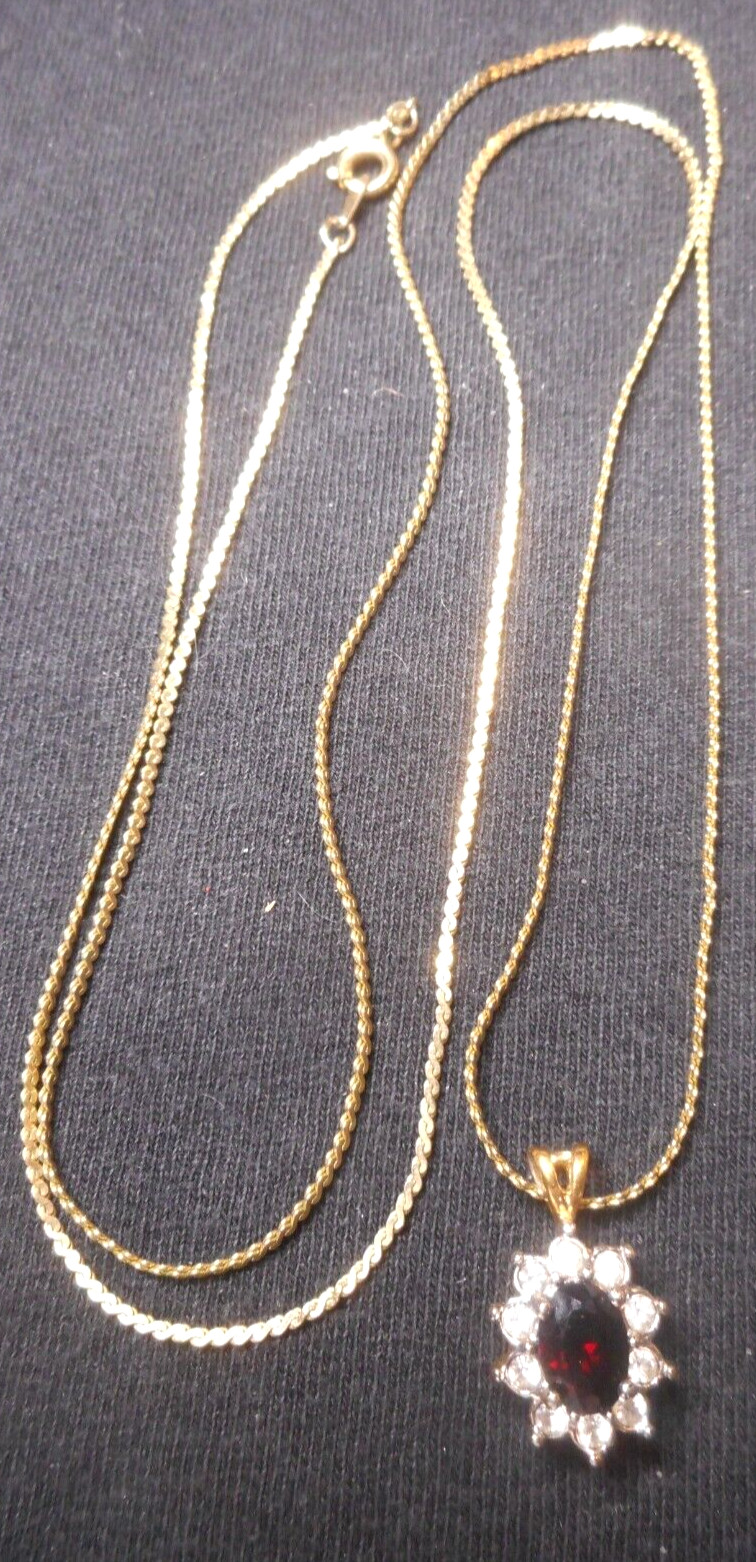 Necklace Pendant Gold Tone Ruby Faceted Rhinestone Halo Korea Chain 15 1/2in